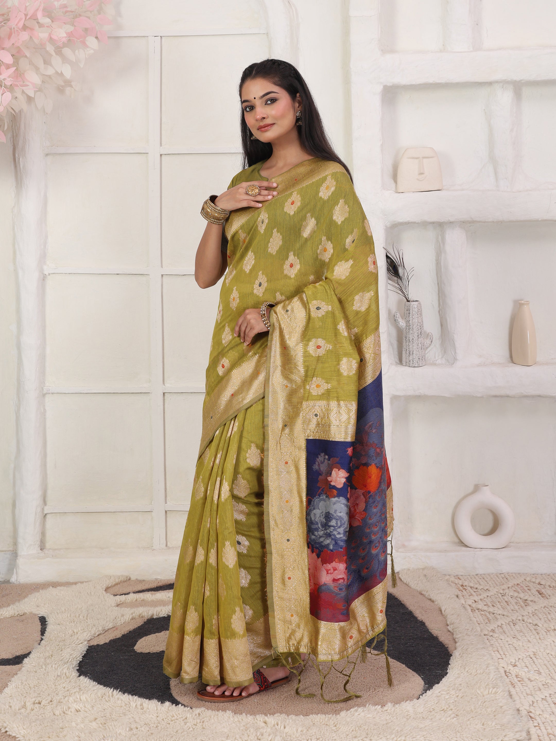 Cotton Linen Woven Saree with Peacock Design Pallu & Fine Zari Border-mehandi