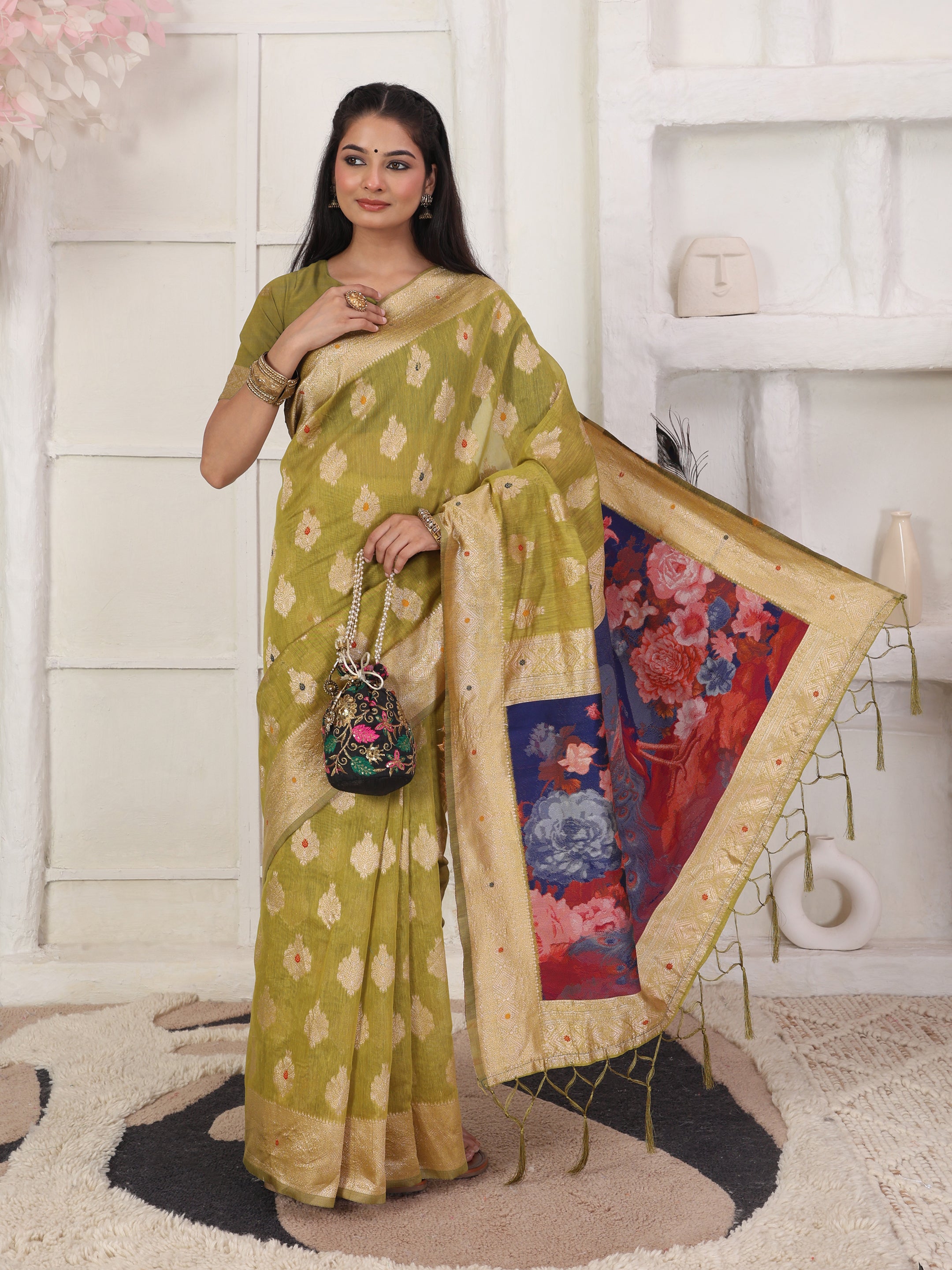Cotton Linen Woven Saree with Peacock Design Pallu & Fine Zari Border-mehandi