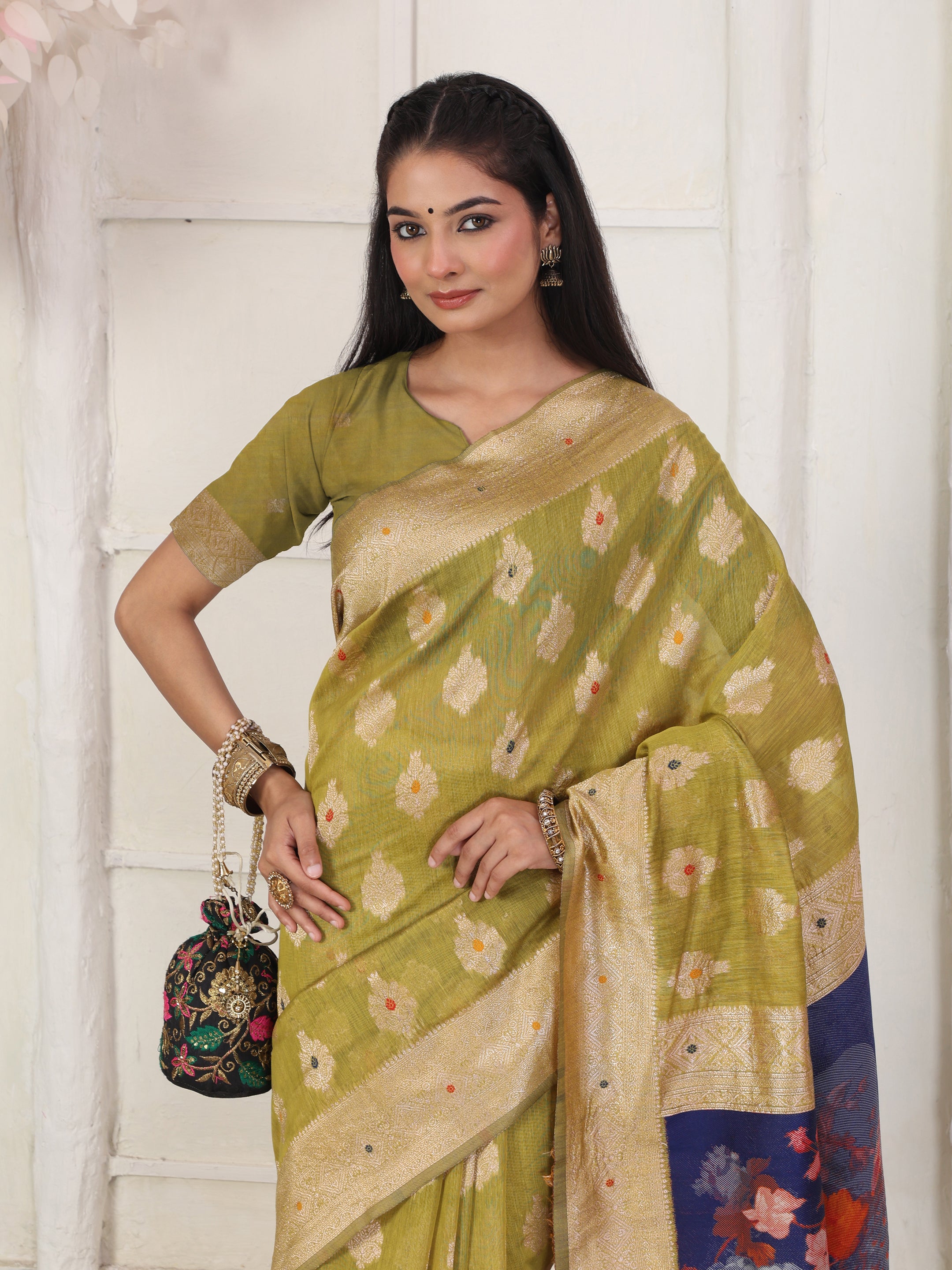 Cotton Linen Woven Saree with Peacock Design Pallu & Fine Zari Border-mehandi