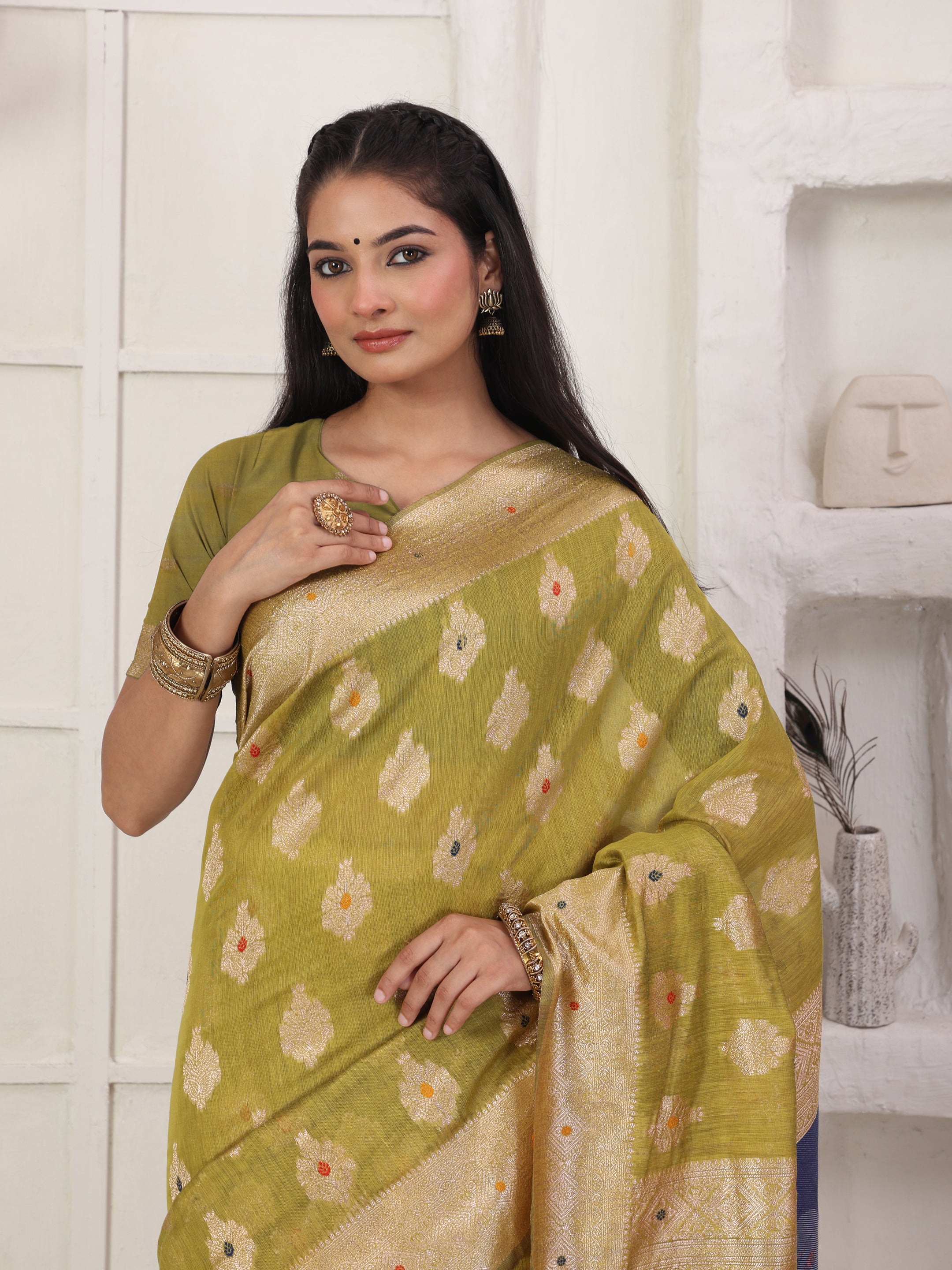 Cotton Linen Woven Saree with Peacock Design Pallu & Fine Zari Border-mehandi