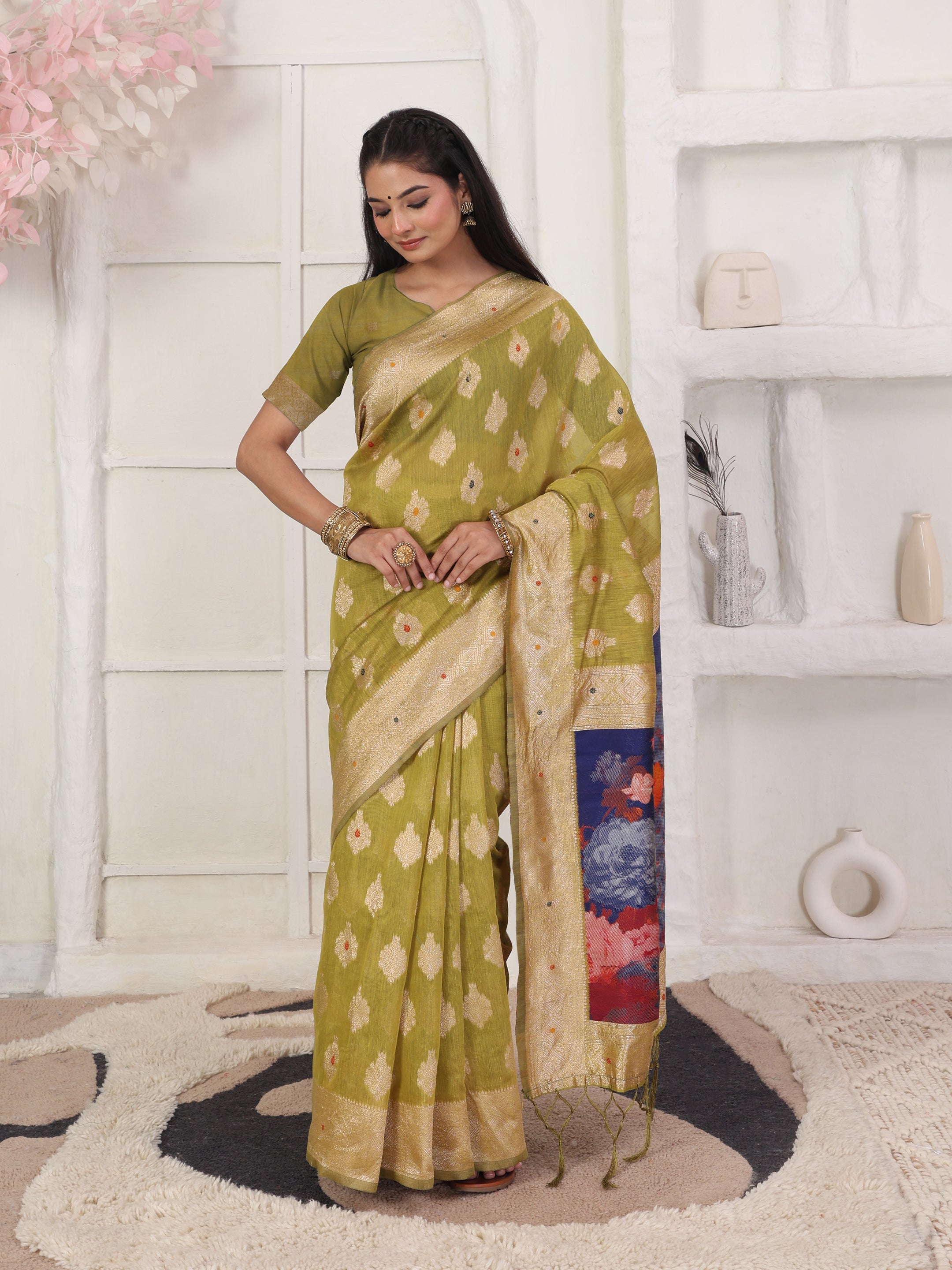 Cotton Linen Woven Saree with Peacock Design Pallu & Fine Zari Border-mehandi