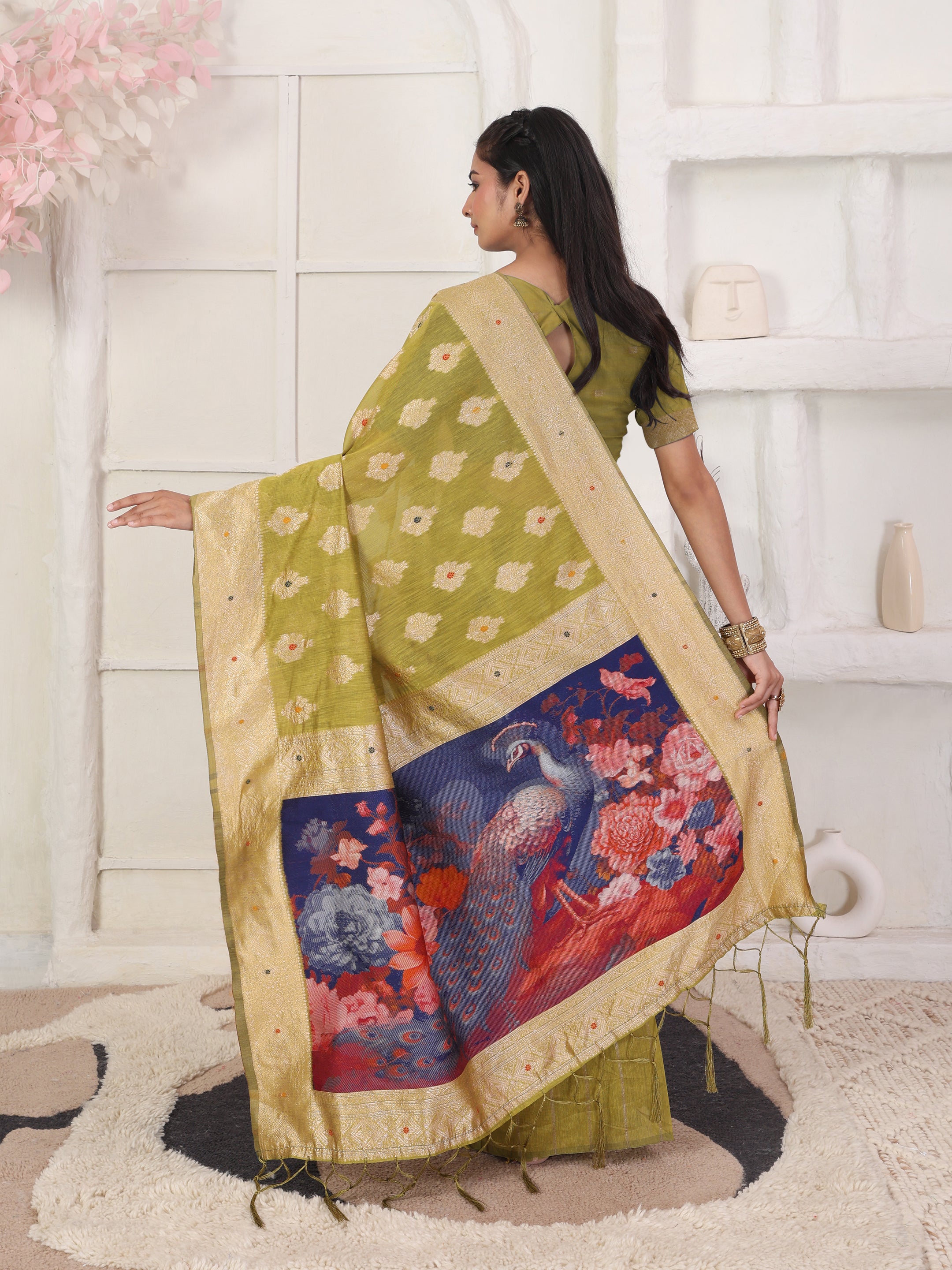 Cotton Linen Woven Saree with Peacock Design Pallu & Fine Zari Border-mehandi