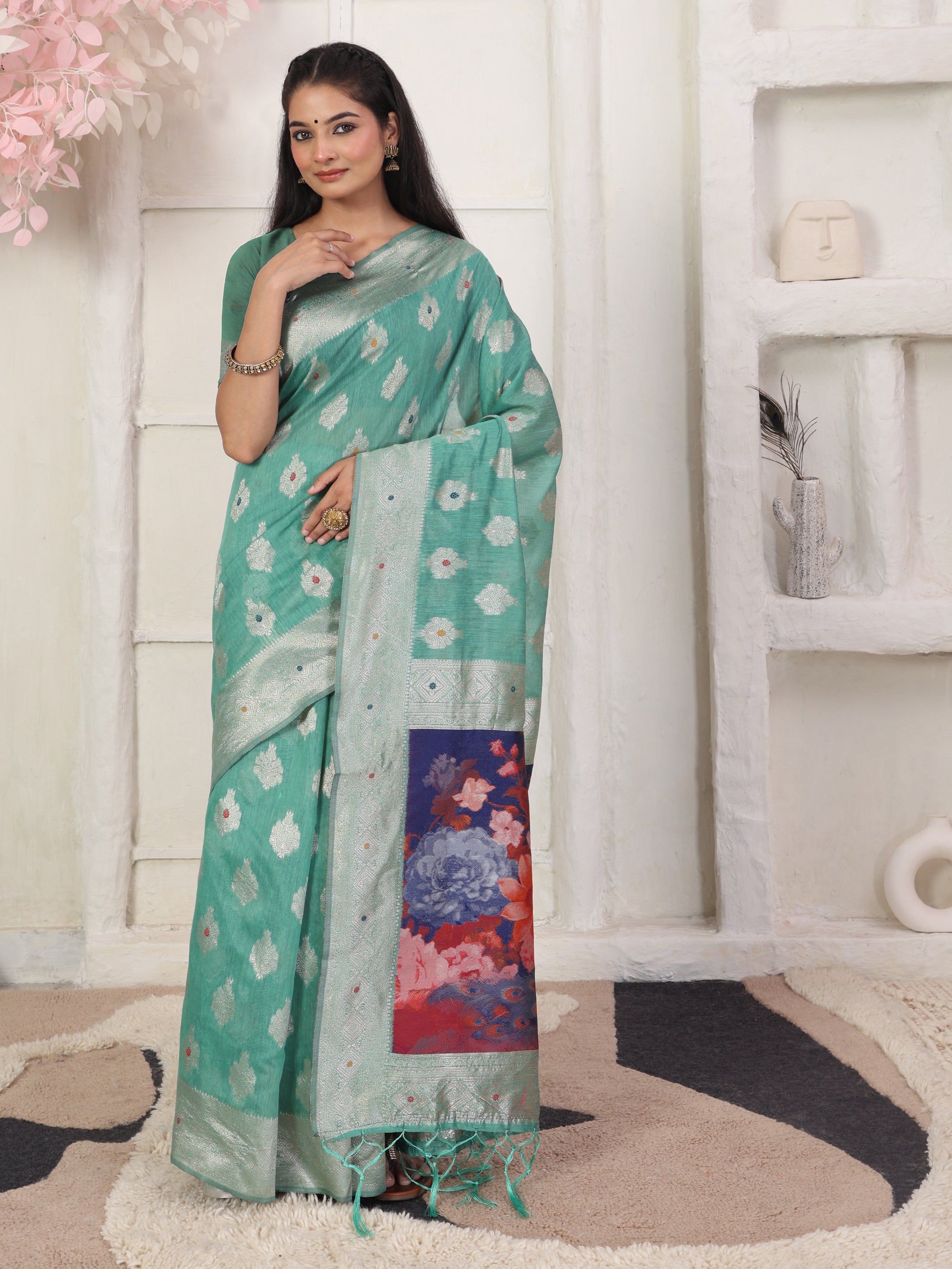 Cotton Linen Woven Saree with Peacock Design Pallu & Fine Zari Border-rama