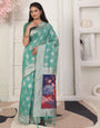 Cotton Linen Woven Saree with Peacock Design Pallu & Fine Zari Border-rama