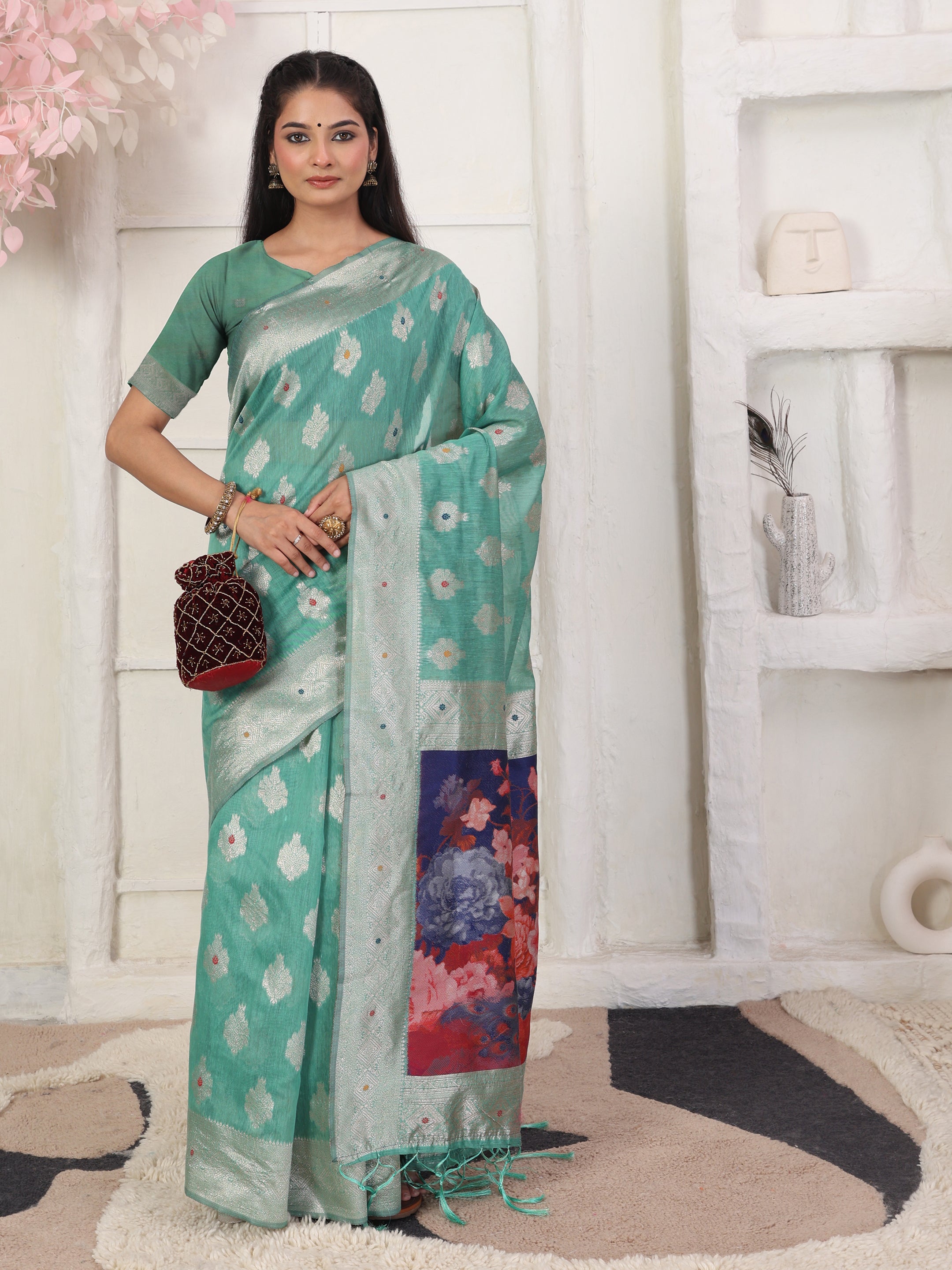 Cotton Linen Woven Saree with Peacock Design Pallu & Fine Zari Border-rama