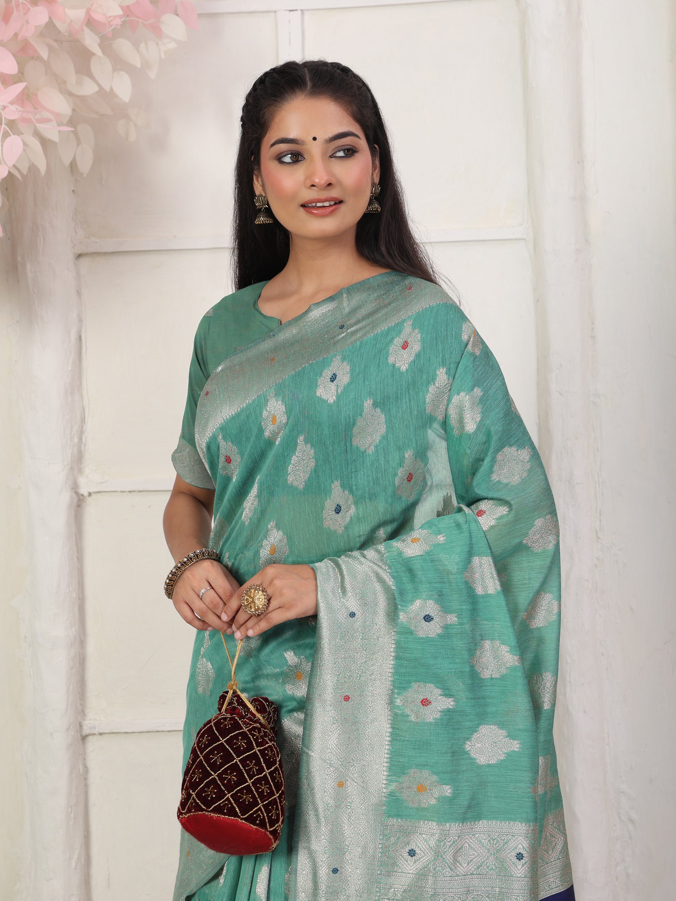 Cotton Linen Woven Saree with Peacock Design Pallu & Fine Zari Border-rama