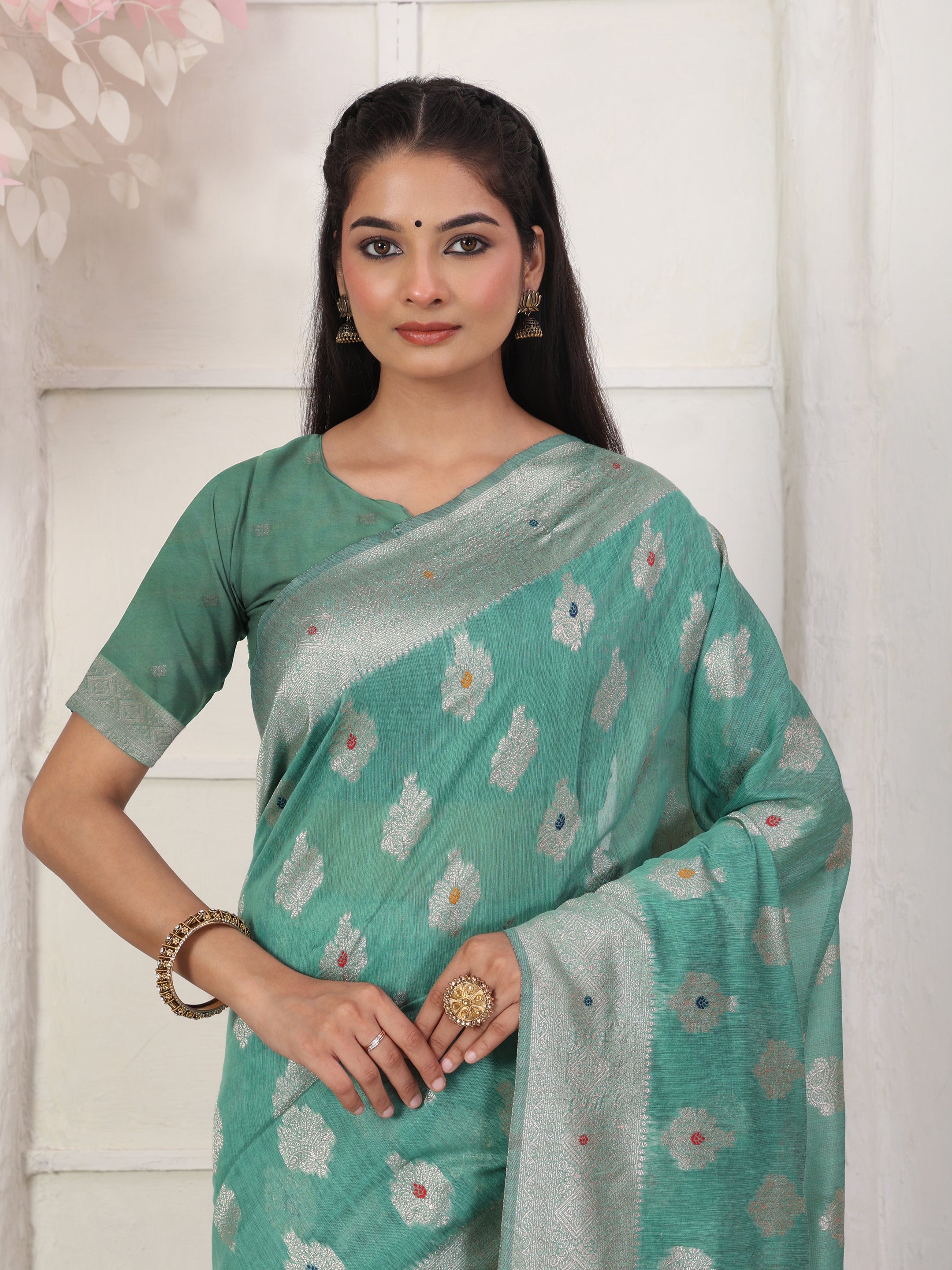 Cotton Linen Woven Saree with Peacock Design Pallu & Fine Zari Border-rama