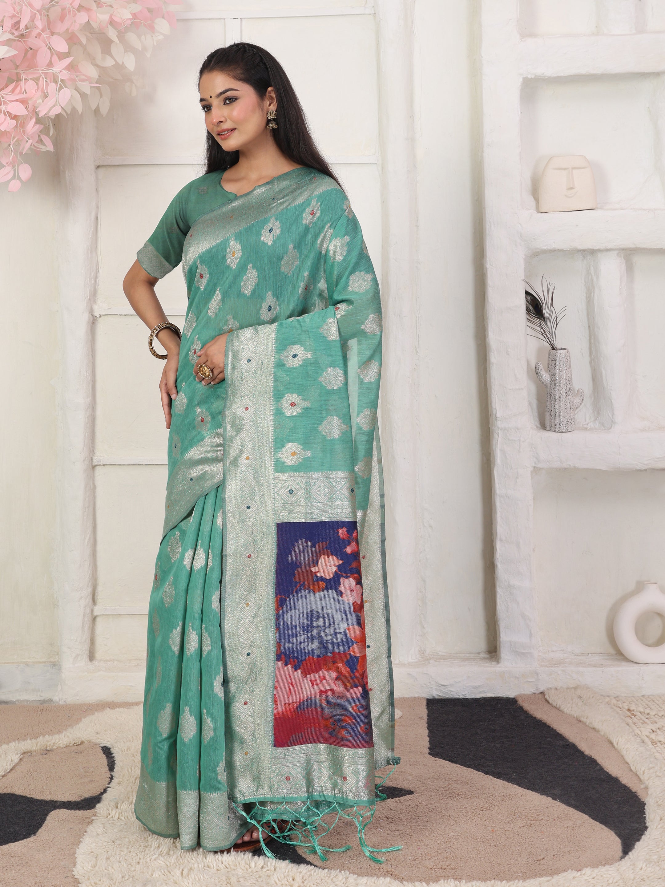 Cotton Linen Woven Saree with Peacock Design Pallu & Fine Zari Border-rama