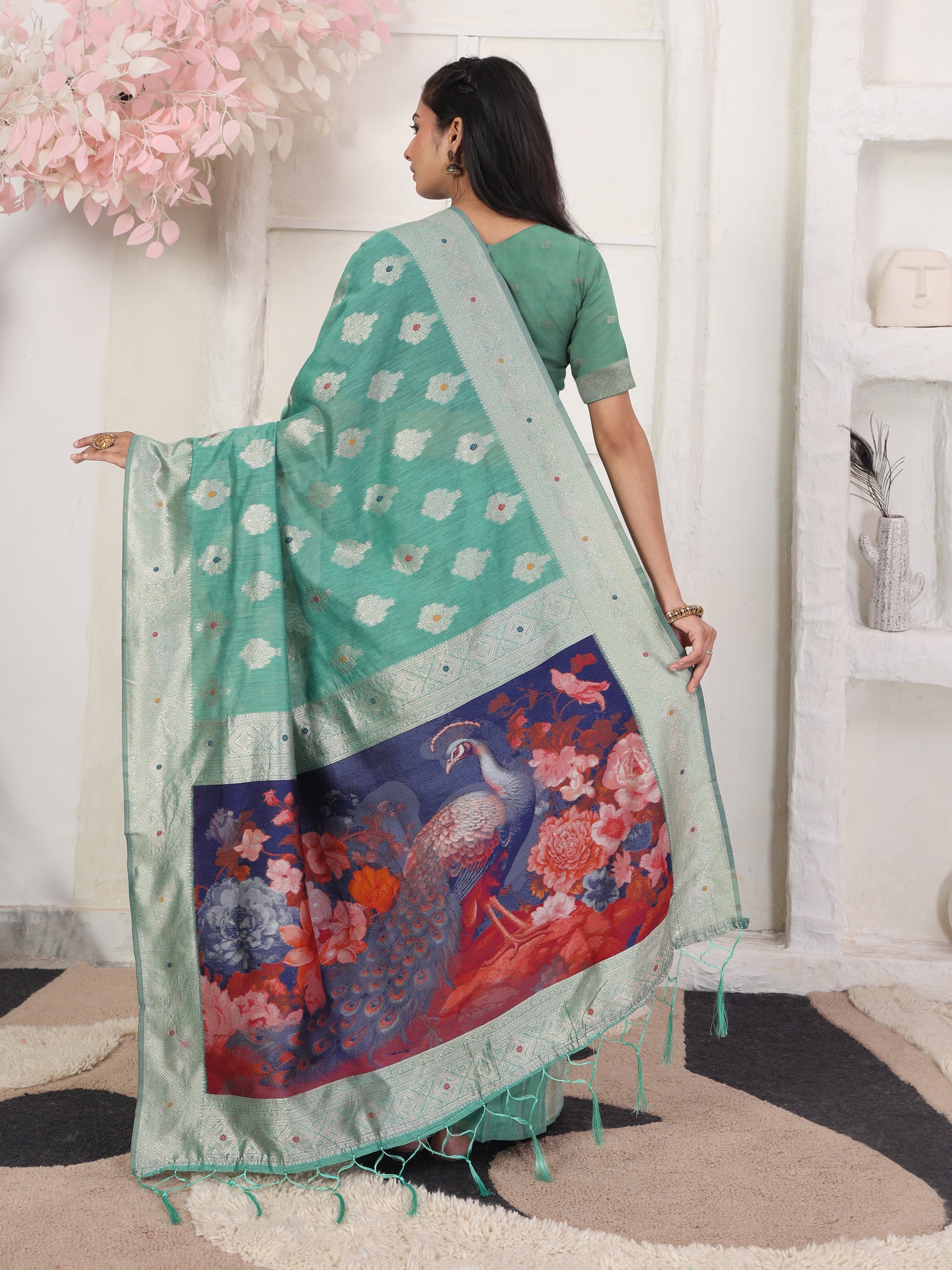 Cotton Linen Woven Saree with Peacock Design Pallu & Fine Zari Border-rama