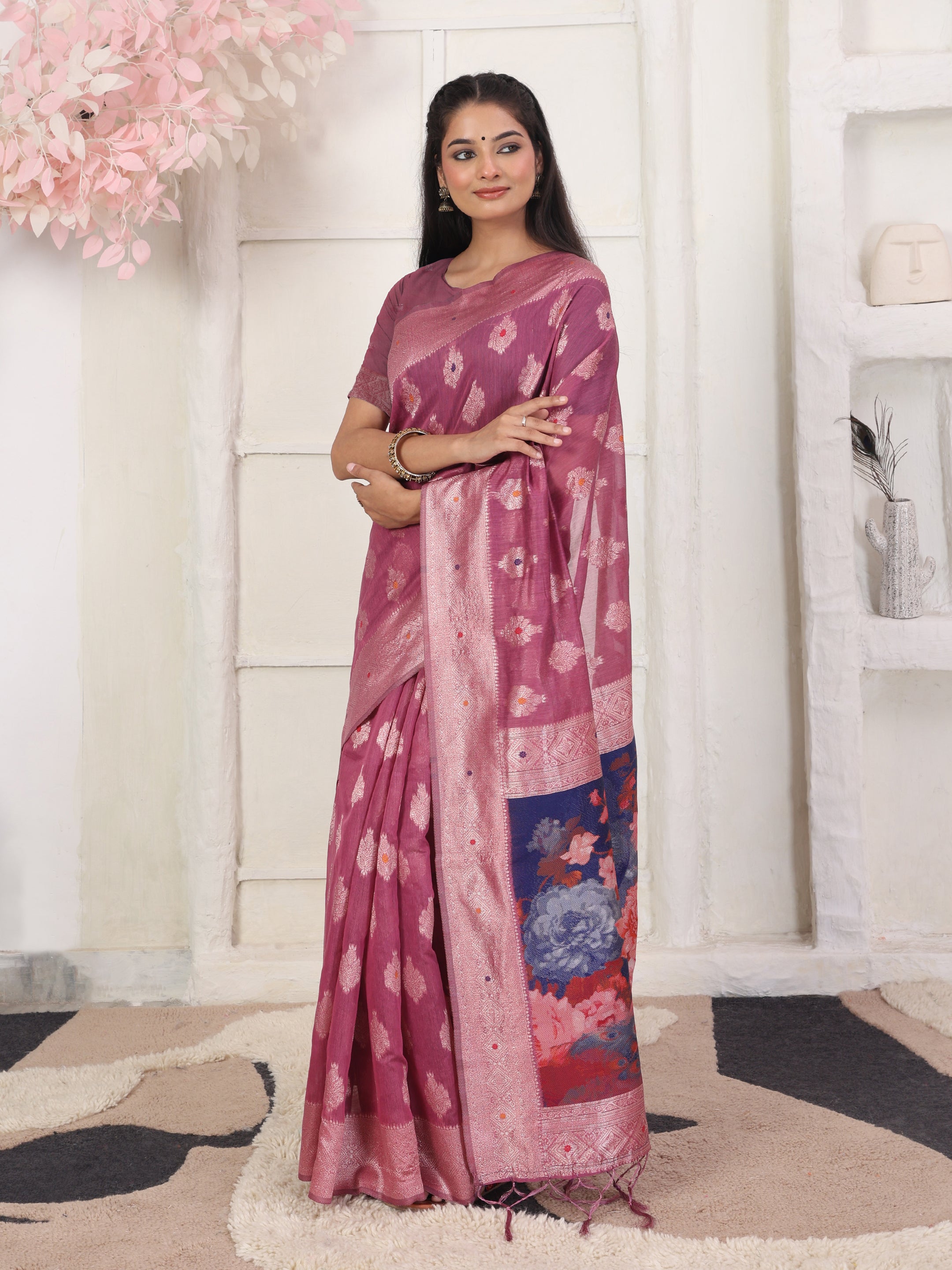 Cotton Linen Woven Saree with Peacock Design Pallu & Fine Zari Border-pink