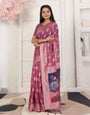 Cotton Linen Woven Saree with Peacock Design Pallu & Fine Zari Border-pink