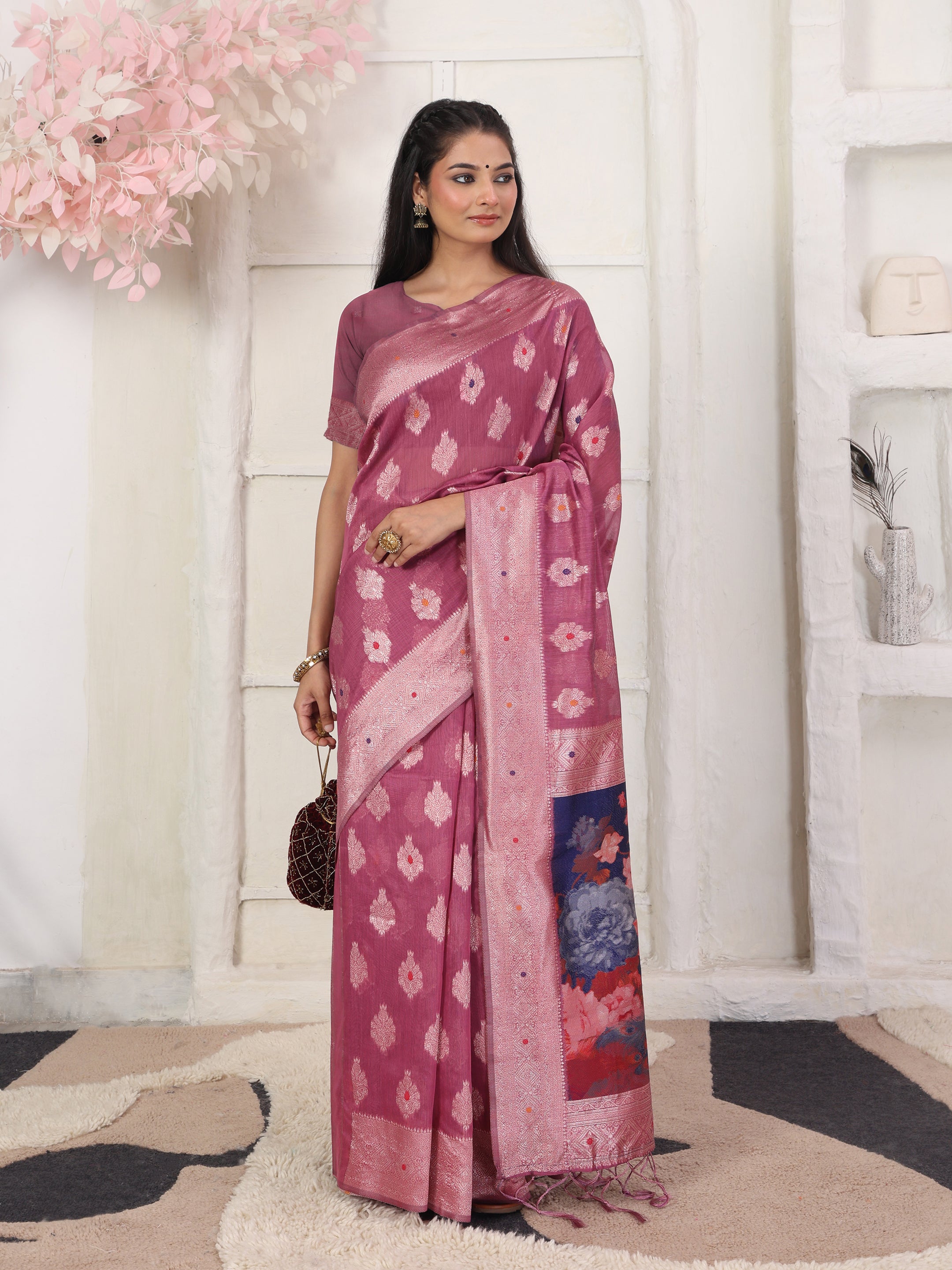 Cotton Linen Woven Saree with Peacock Design Pallu & Fine Zari Border-pink