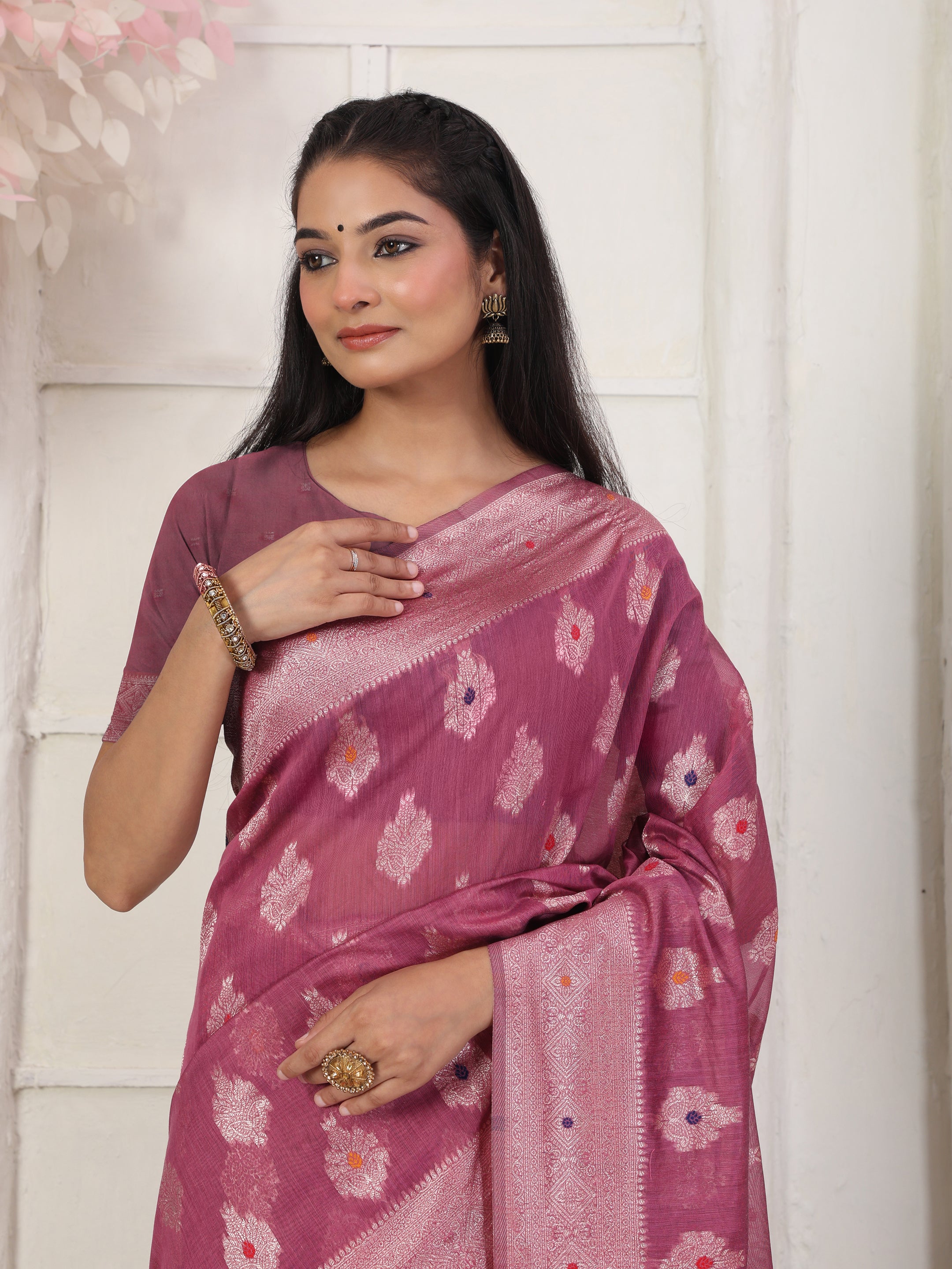 Cotton Linen Woven Saree with Peacock Design Pallu & Fine Zari Border-pink