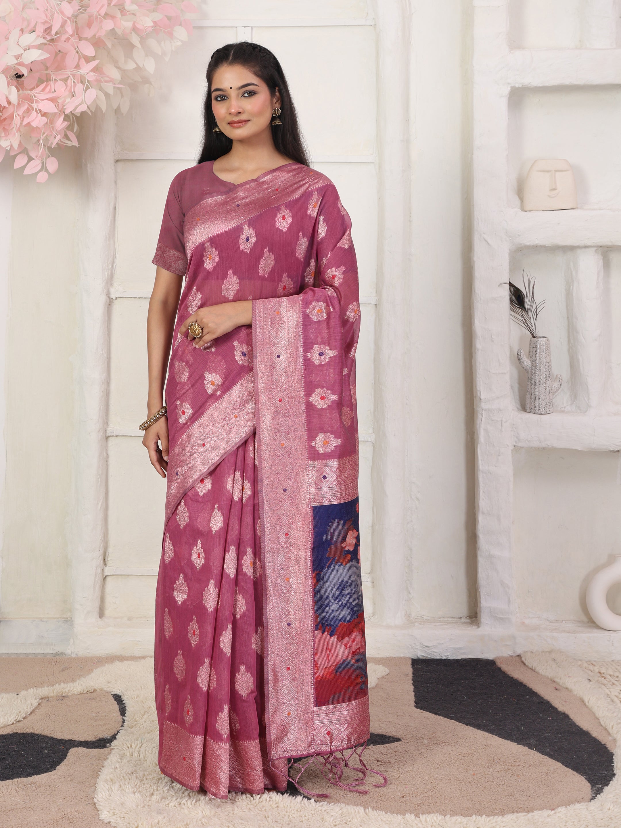 Cotton Linen Woven Saree with Peacock Design Pallu & Fine Zari Border-pink