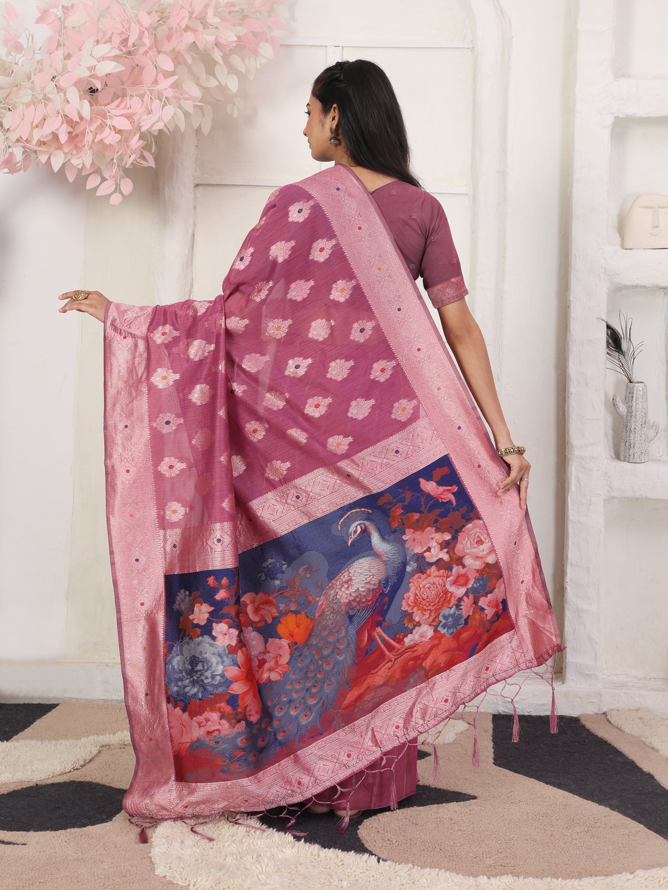 Cotton Linen Woven Saree with Peacock Design Pallu & Fine Zari Border-pink
