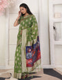 Cotton Linen Woven Saree with Peacock Design Pallu & Fine Zari Border-green