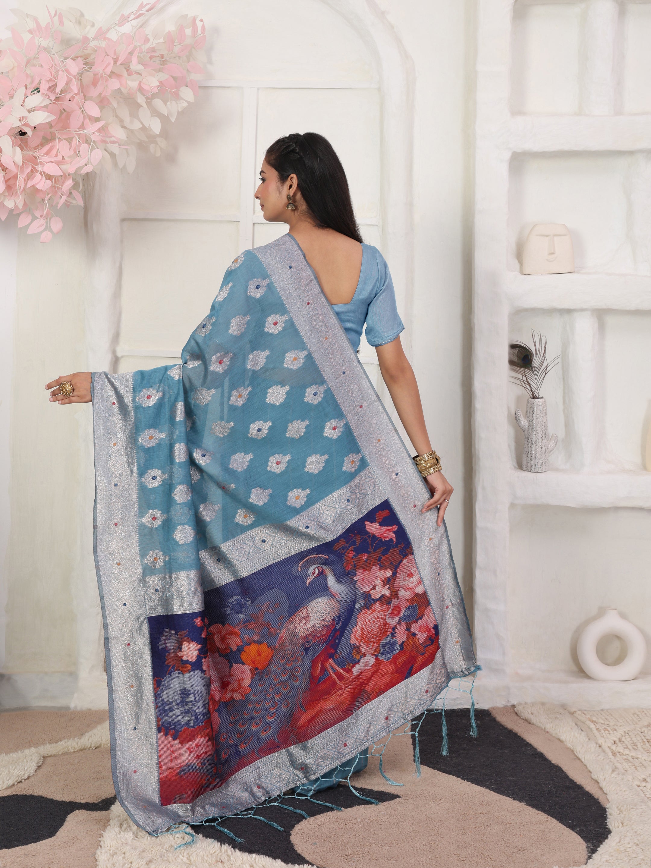 Cotton Linen Woven Saree with Peacock Design Pallu & Fine Zari Border-skyblue