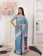 Cotton Linen Woven Saree with Peacock Design Pallu & Fine Zari Border-skyblue