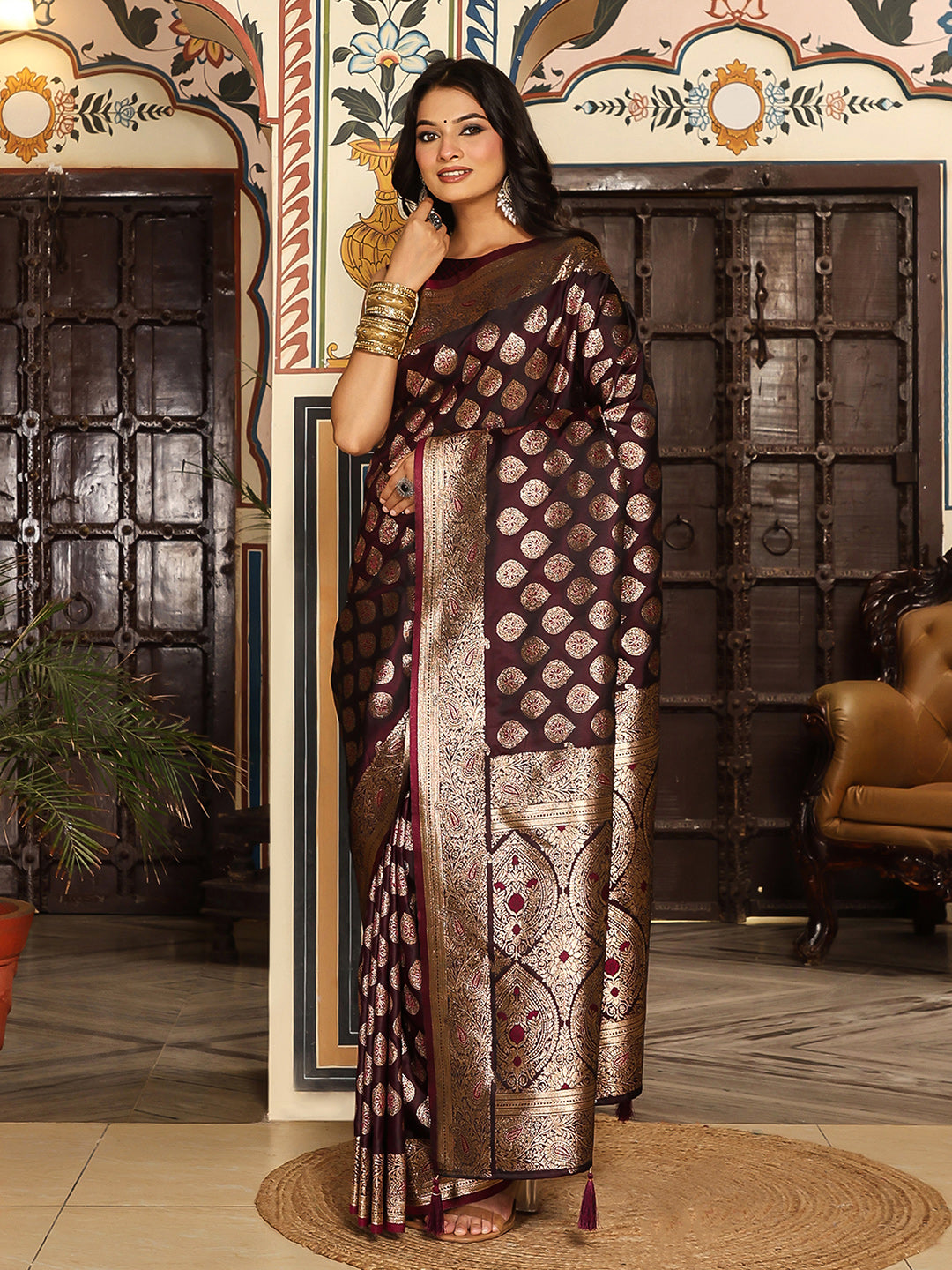 Maroon woven kanjivaram soft silk saree with blouse piece