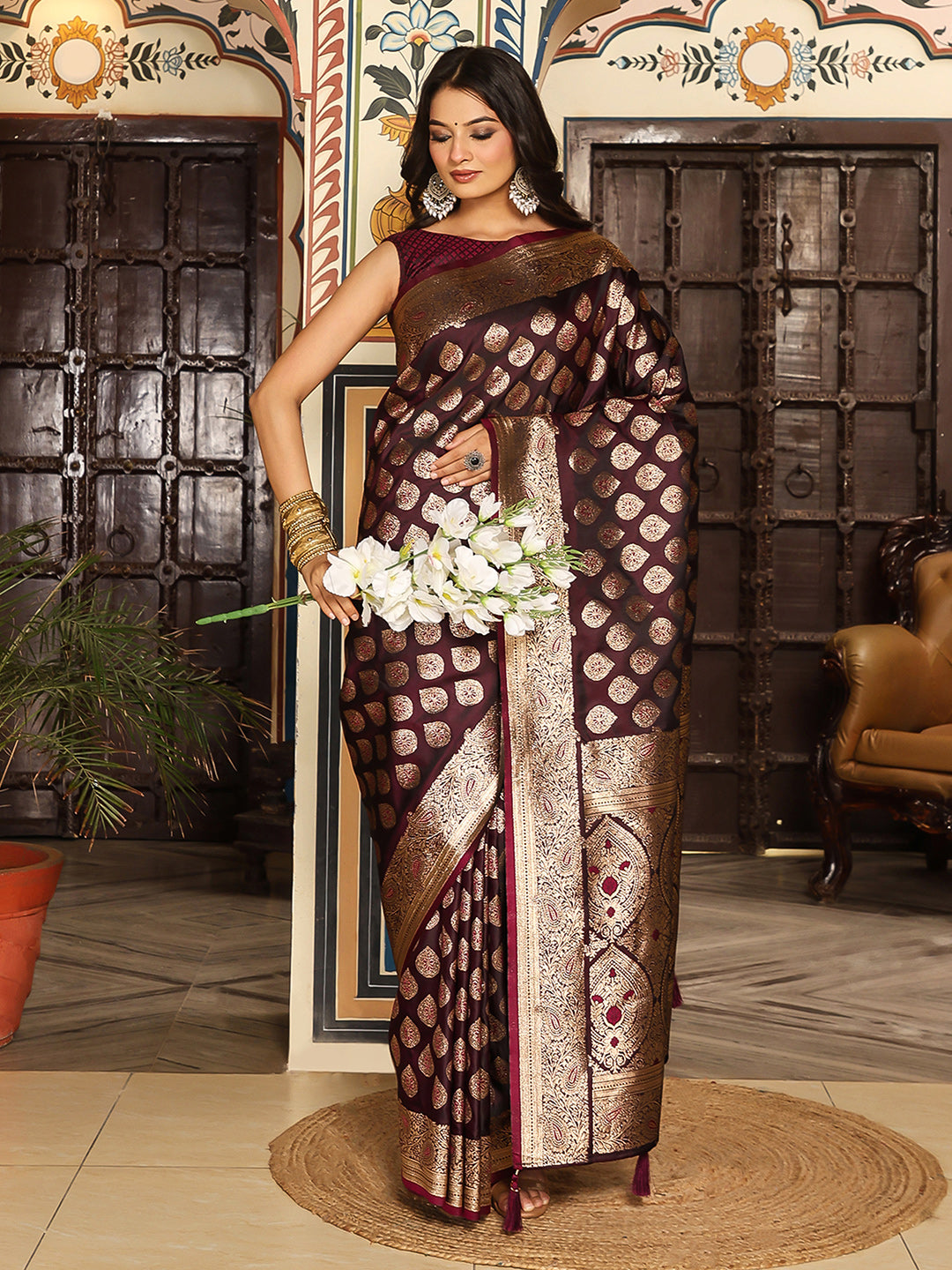 Maroon woven kanjivaram soft silk saree with blouse piece