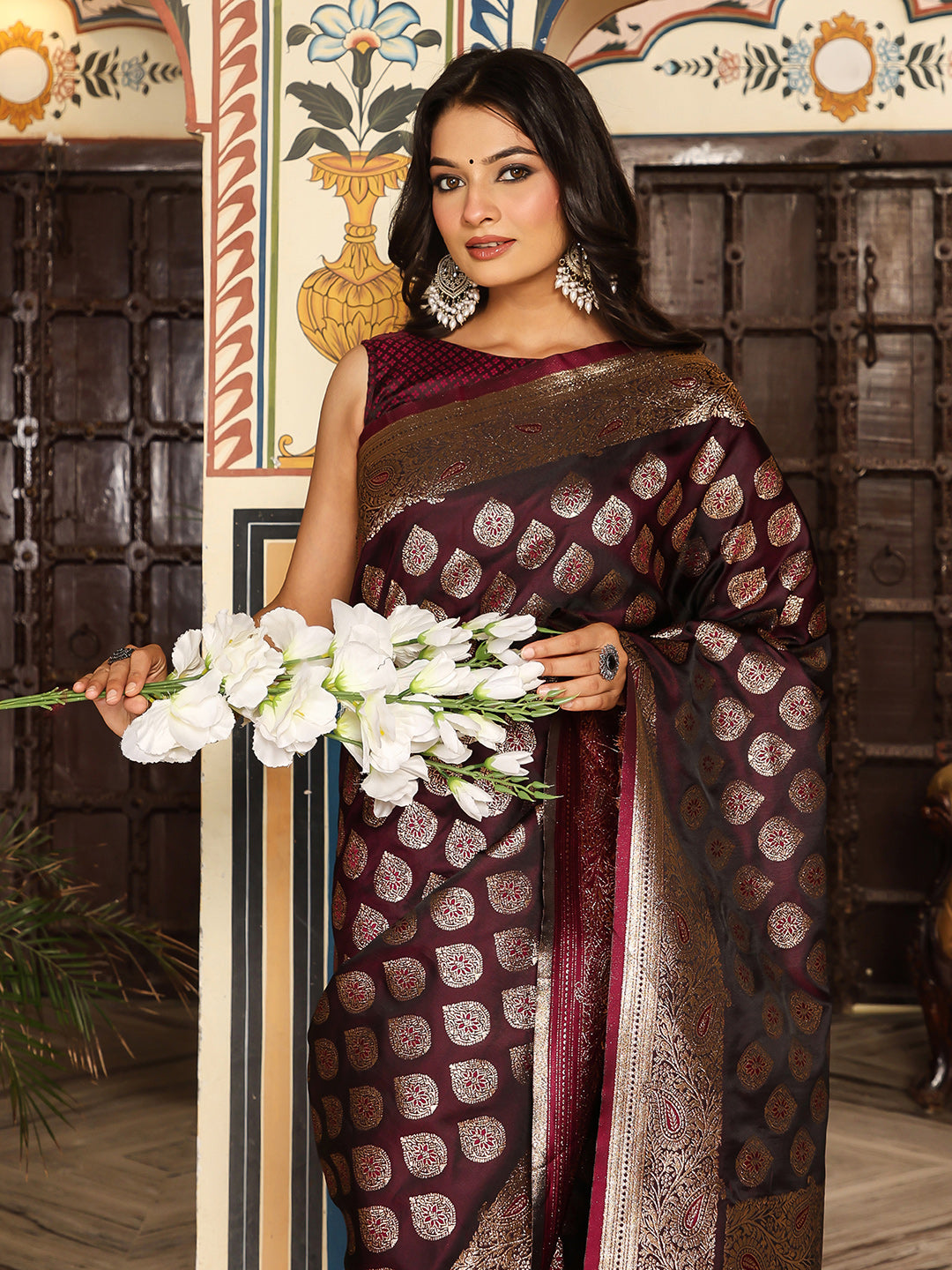 Maroon woven kanjivaram soft silk saree with blouse piece