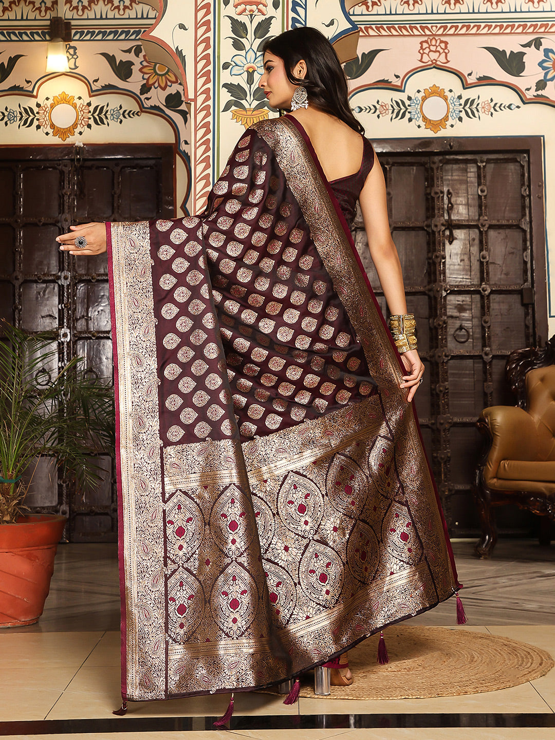 Maroon woven kanjivaram soft silk saree with blouse piece