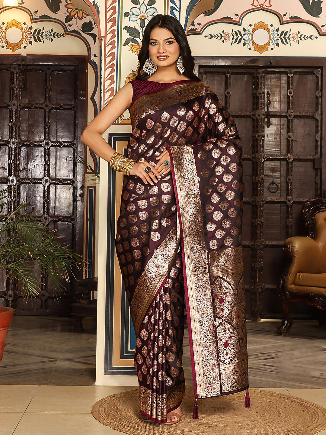 Maroon woven kanjivaram soft silk saree with blouse piece