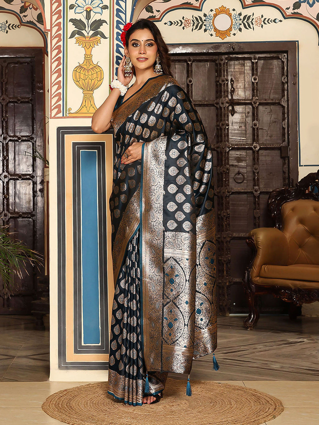 Teal woven kanjivaram soft silk saree with blouse piece