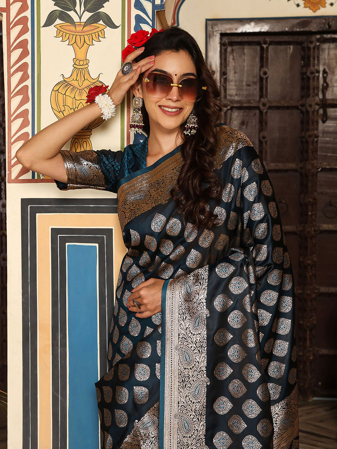 Teal woven kanjivaram soft silk saree with blouse piece