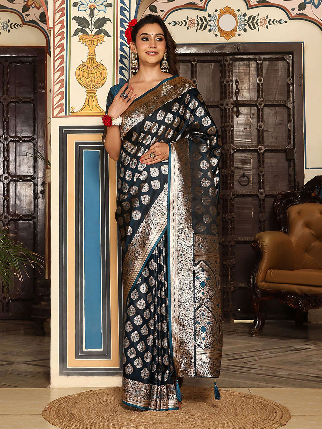 Teal woven kanjivaram soft silk saree with blouse piece