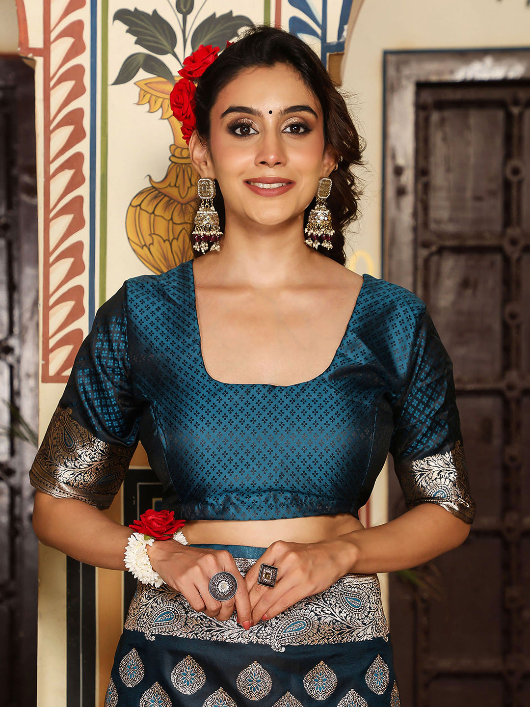 Teal woven kanjivaram soft silk saree with blouse piece