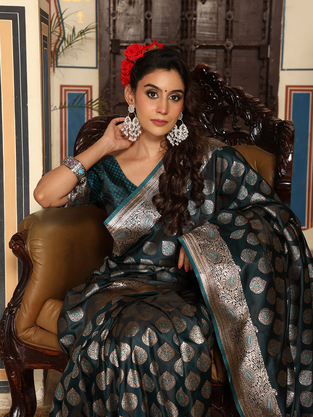 Tourqice woven kanjivaram soft silk saree with blouse piece