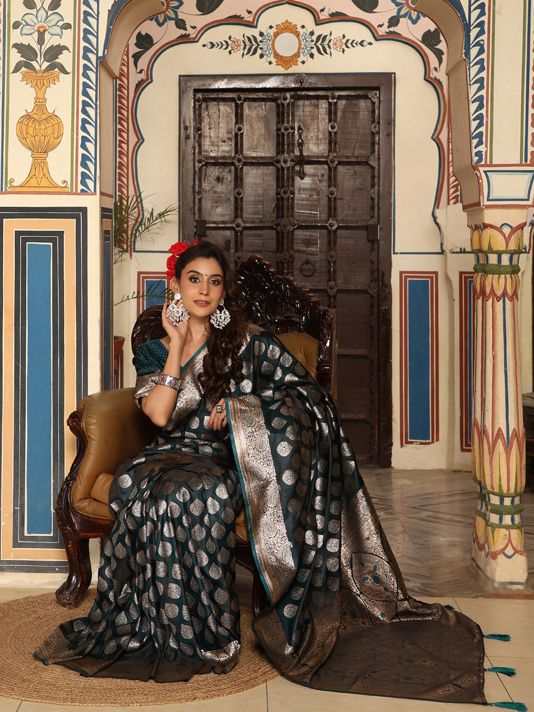 Tourqice woven kanjivaram soft silk saree with blouse piece