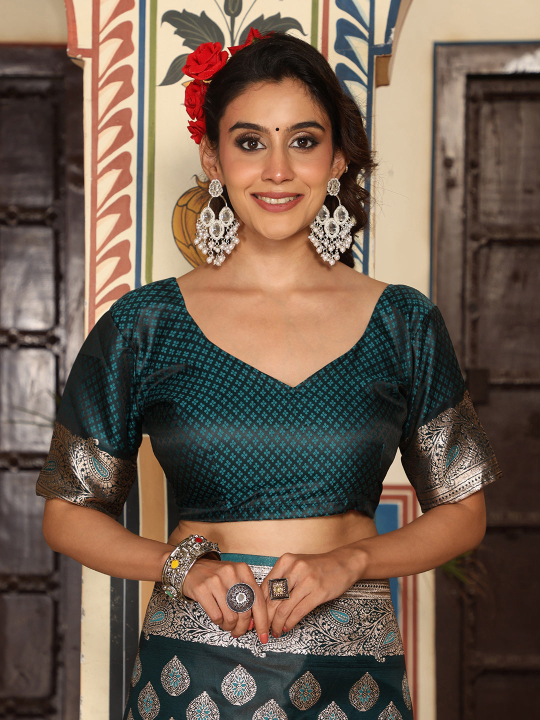 Tourqice woven kanjivaram soft silk saree with blouse piece