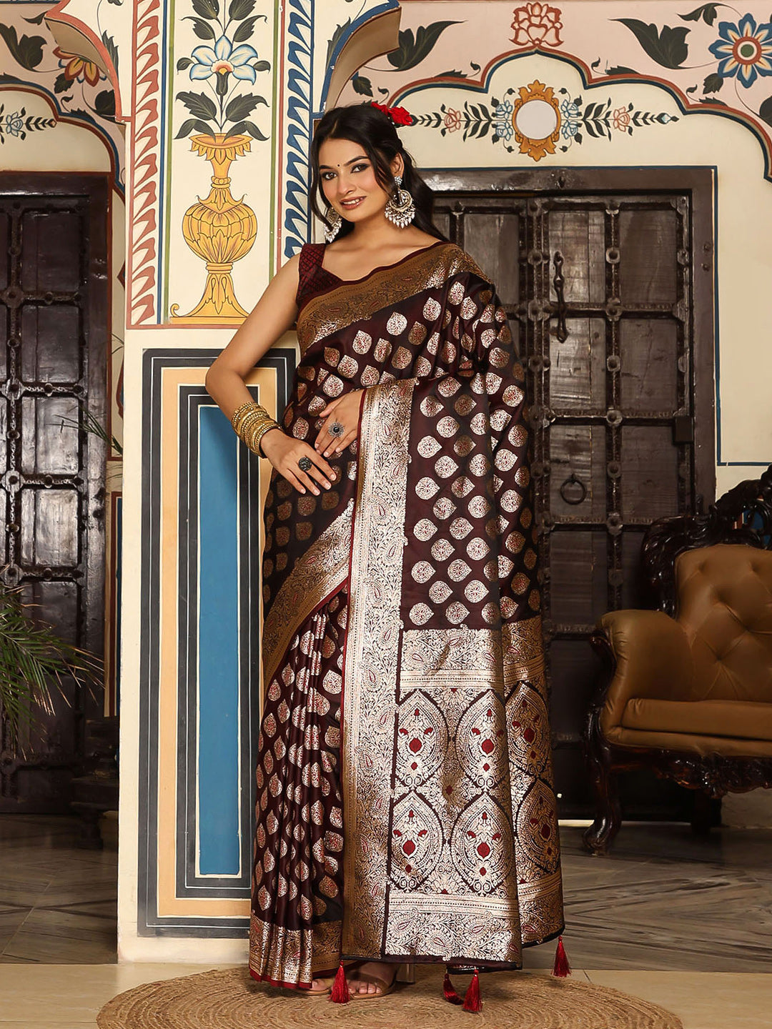 Wine woven kanjivaram soft silk saree with blouse piece