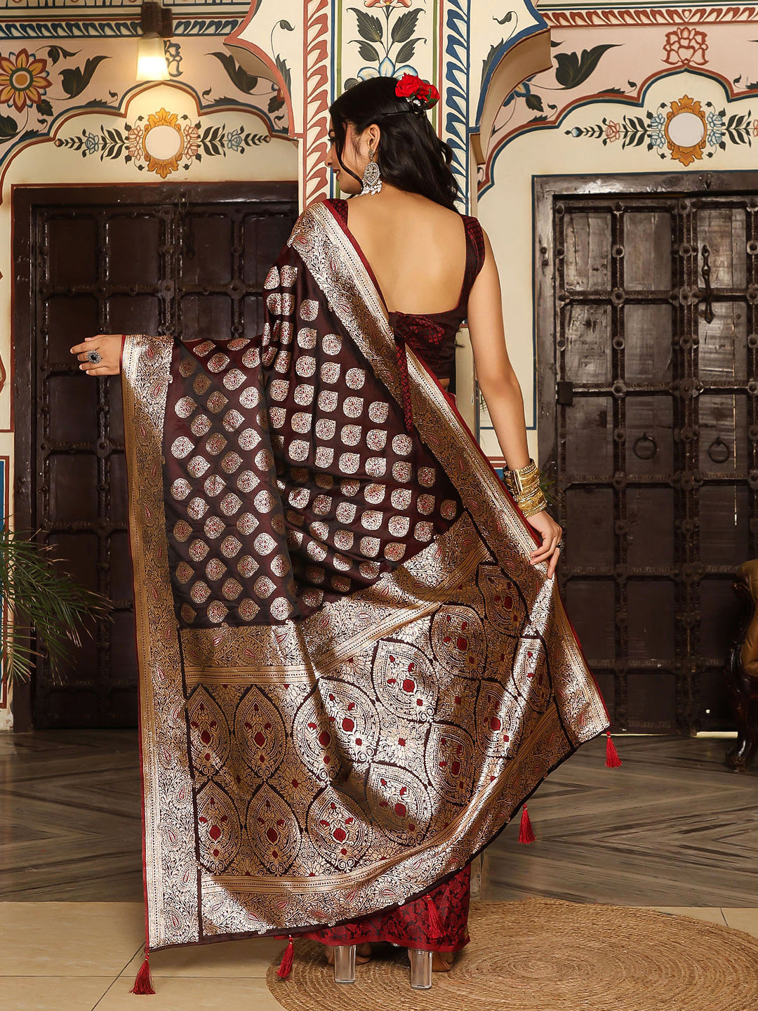 Wine woven kanjivaram soft silk saree with blouse piece