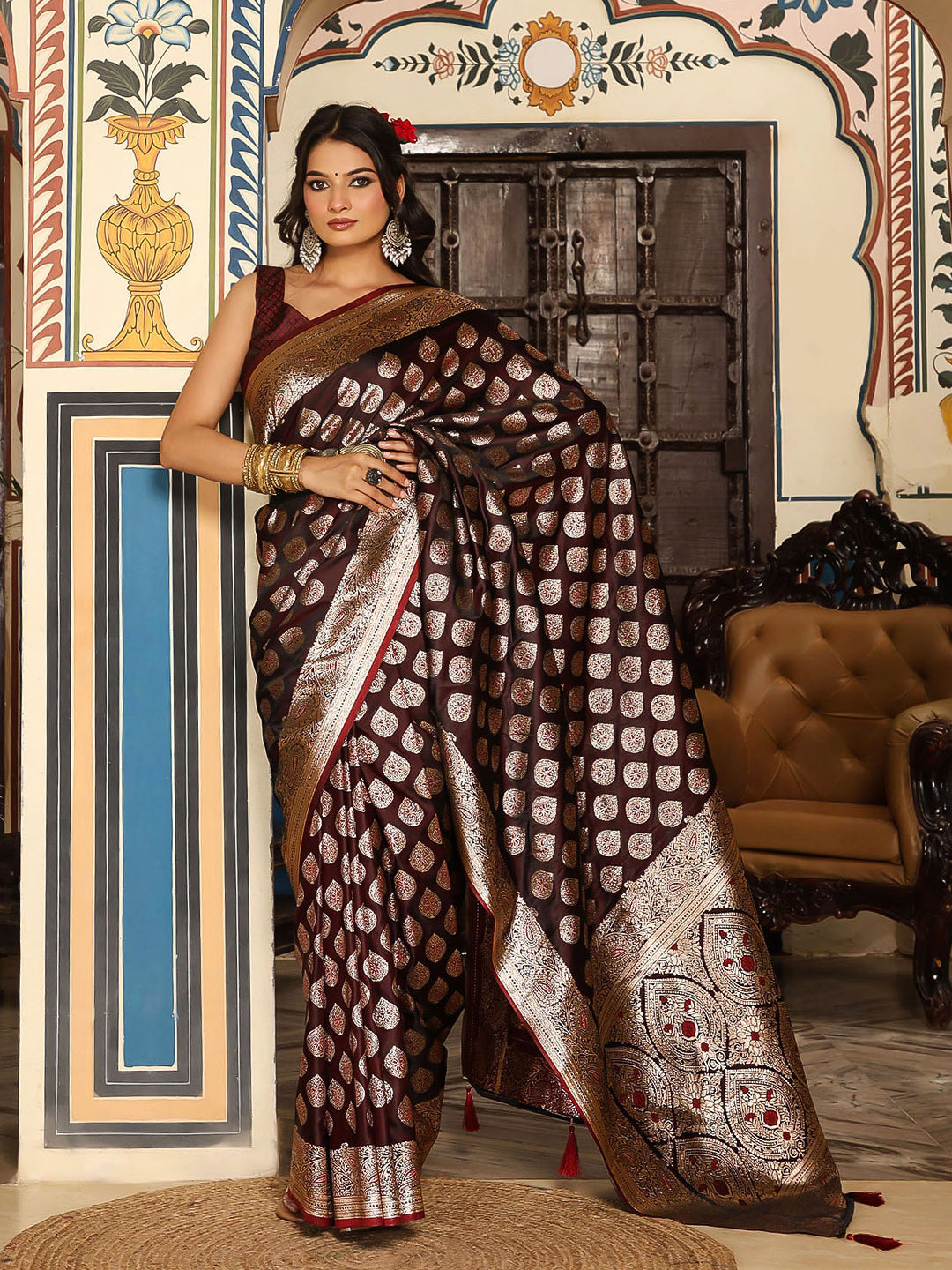 Wine woven kanjivaram soft silk saree with blouse piece