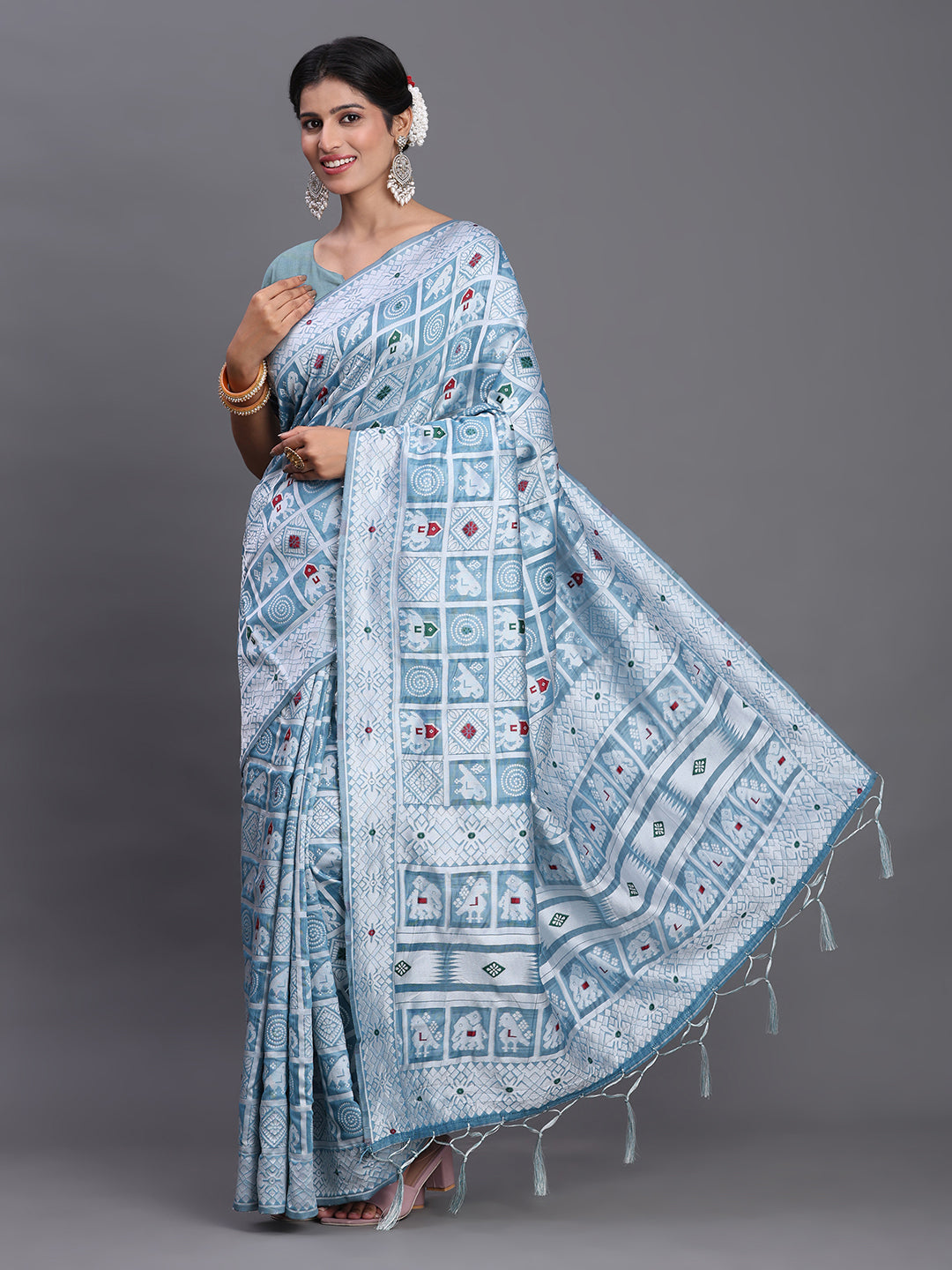 Sky Woven Jacquard Cotton Linen Saree with Intricate Traditional Motifs & Designer Tassel Pallu