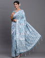 Sky Woven Jacquard Cotton Linen Saree with Intricate Traditional Motifs & Designer Tassel Pallu