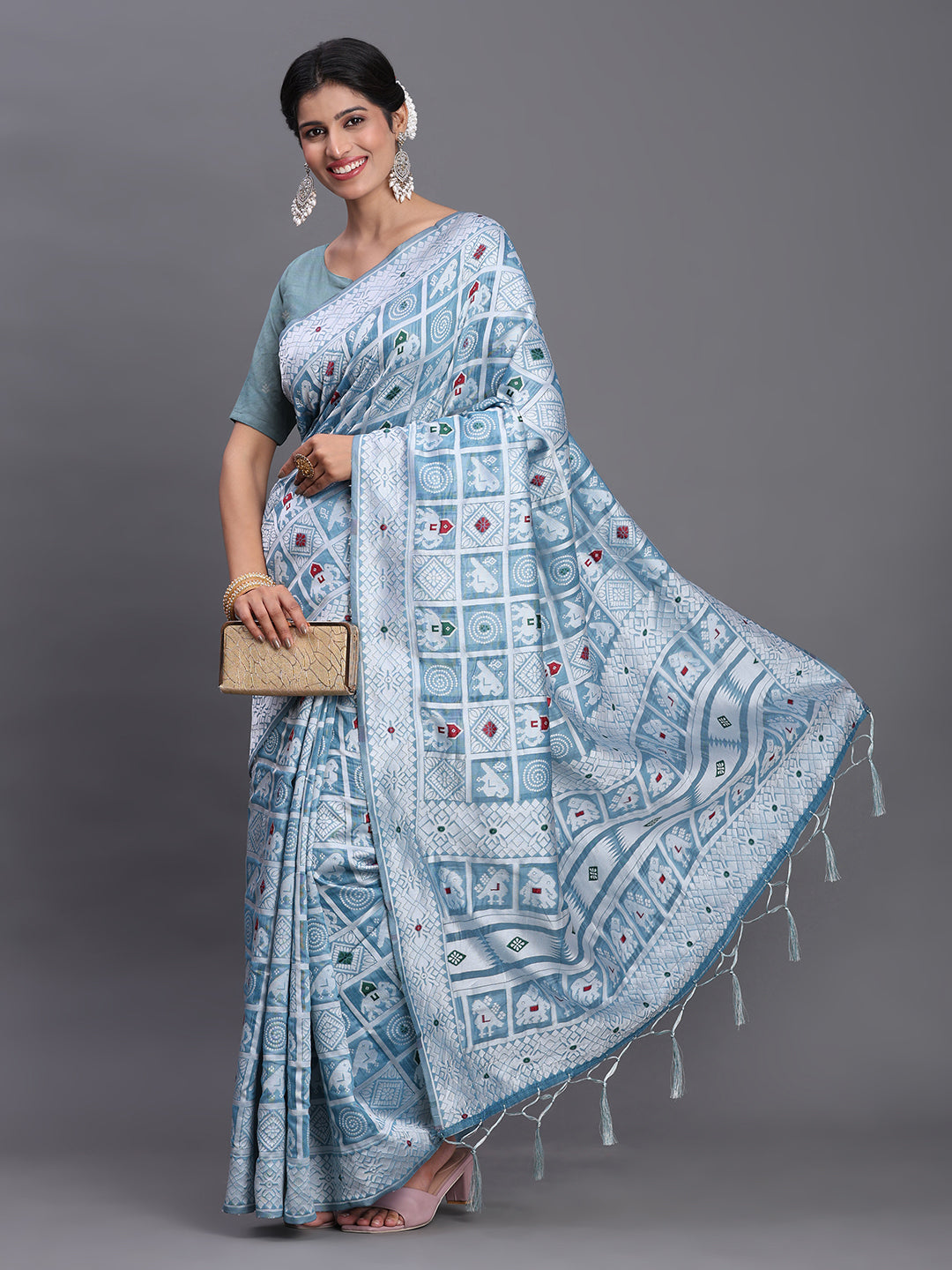 Sky Woven Jacquard Cotton Linen Saree with Intricate Traditional Motifs & Designer Tassel Pallu
