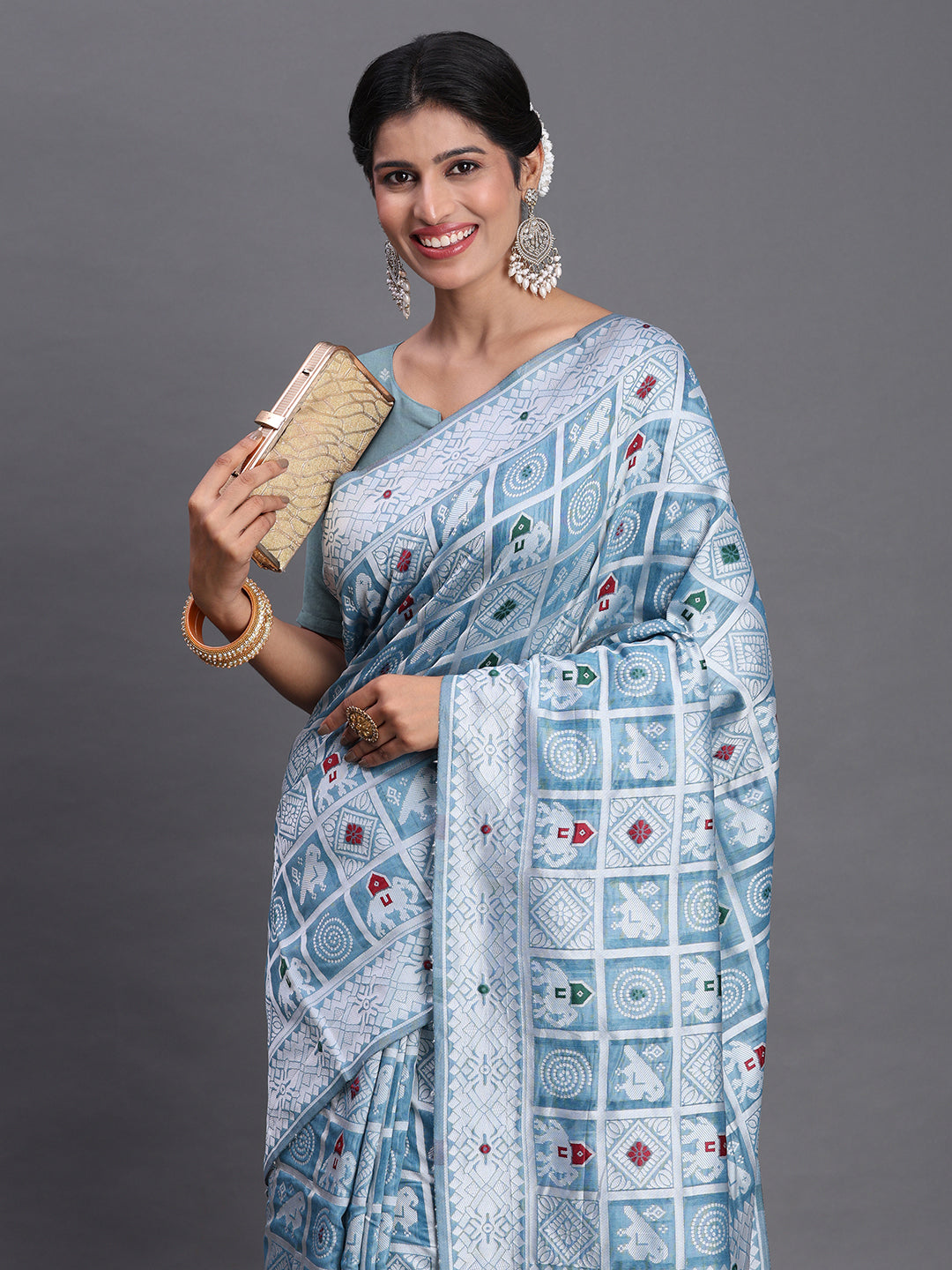 Sky Woven Jacquard Cotton Linen Saree with Intricate Traditional Motifs & Designer Tassel Pallu