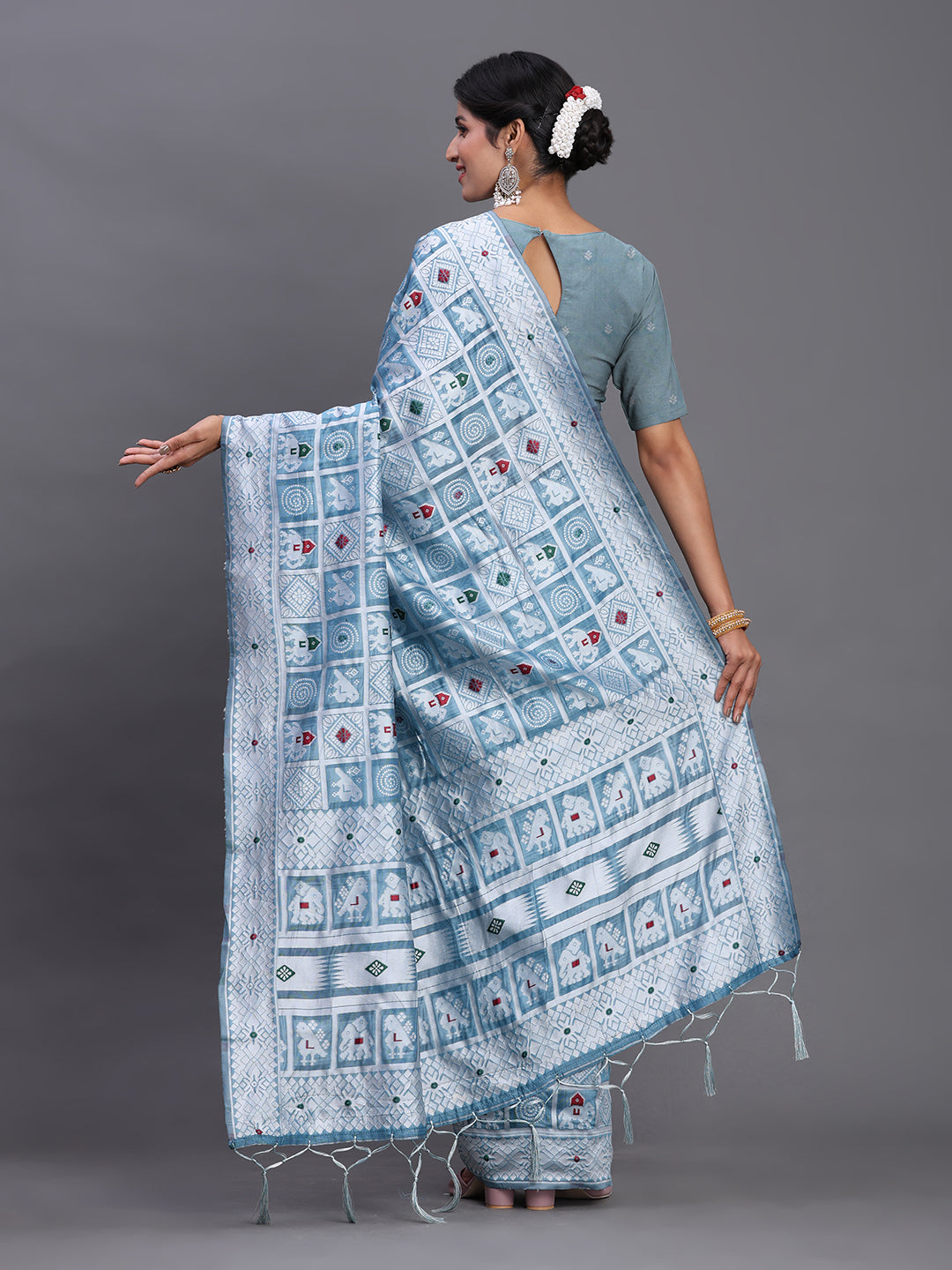 Sky Woven Jacquard Cotton Linen Saree with Intricate Traditional Motifs & Designer Tassel Pallu