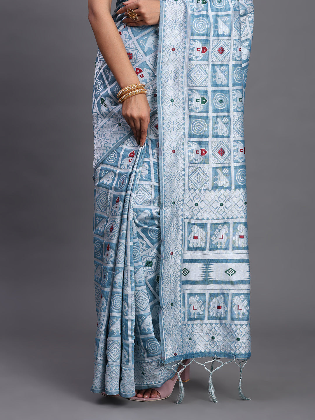Sky Woven Jacquard Cotton Linen Saree with Intricate Traditional Motifs & Designer Tassel Pallu