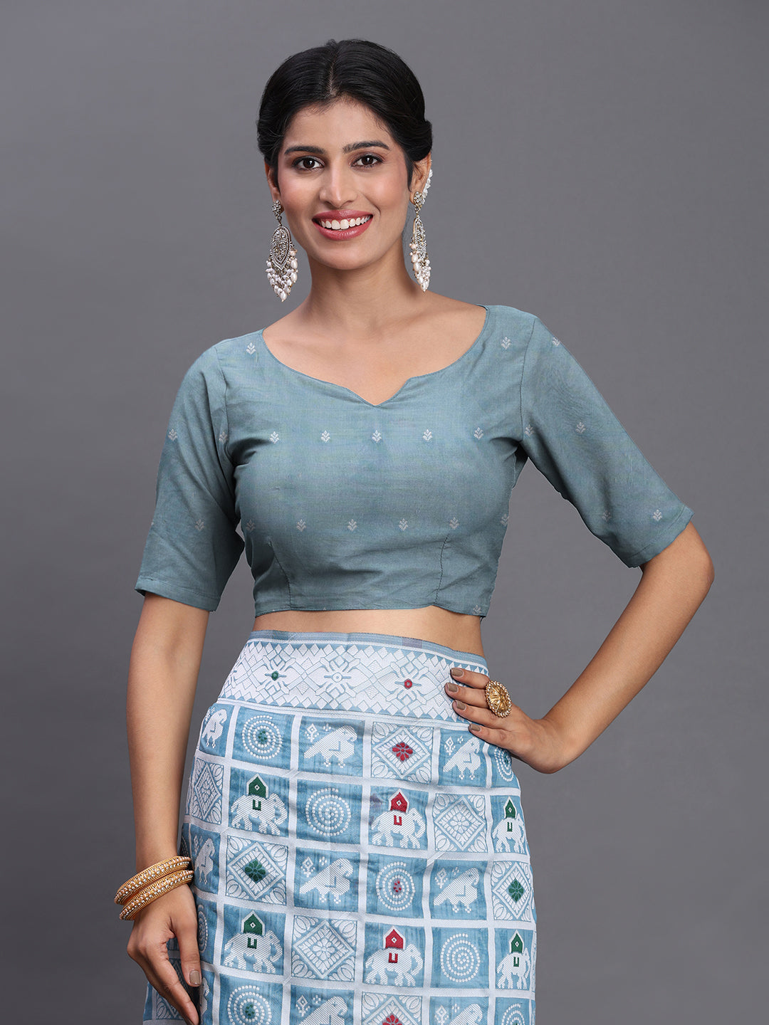 Sky Woven Jacquard Cotton Linen Saree with Intricate Traditional Motifs & Designer Tassel Pallu