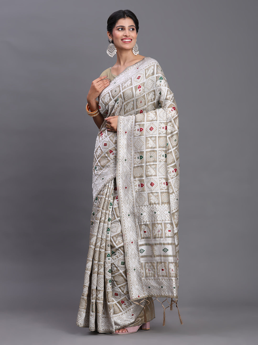 Beige Woven Jacquard Cotton Linen Saree with Intricate Traditional Motifs & Designer Tassel Pallu