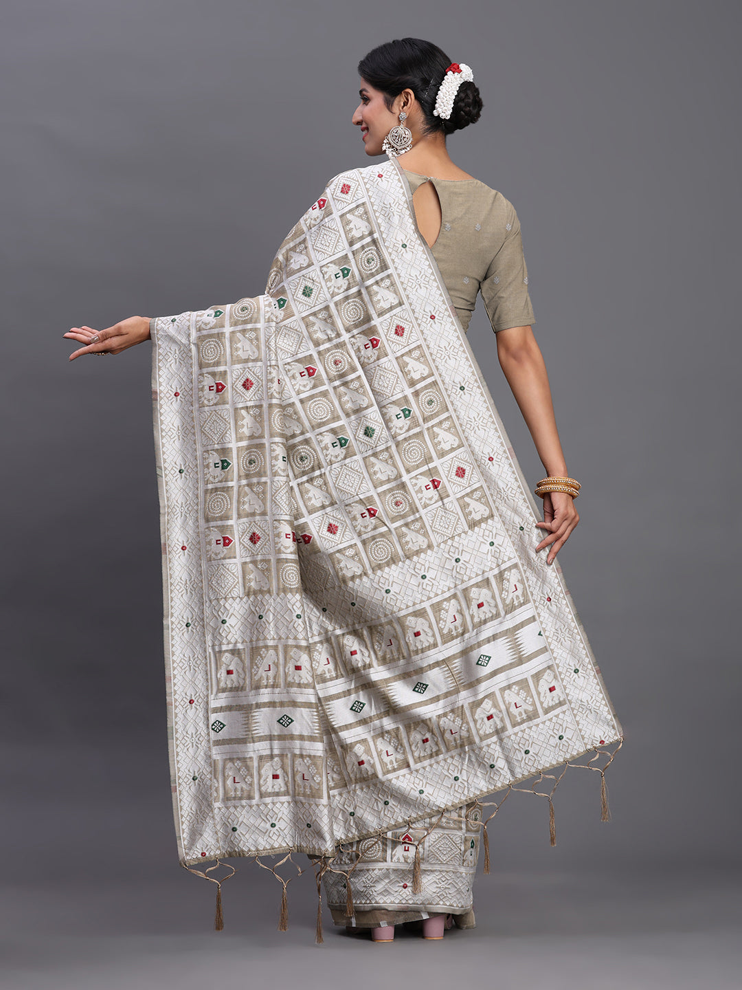 Beige Woven Jacquard Cotton Linen Saree with Intricate Traditional Motifs & Designer Tassel Pallu