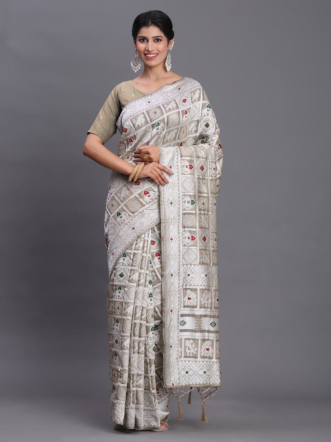 Beige Woven Jacquard Cotton Linen Saree with Intricate Traditional Motifs & Designer Tassel Pallu