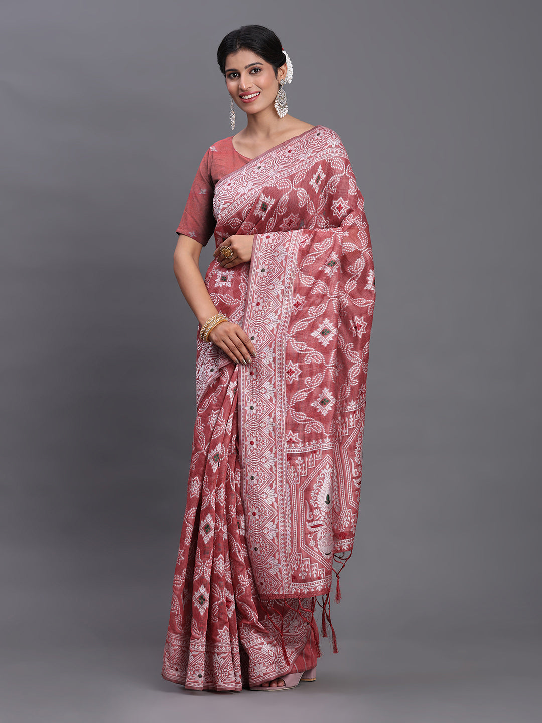 Peach Woven Jacquard Cotton Linen Saree with Intricate Traditional Motifs & Designer Tassel Pallu
