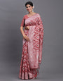Peach Woven Jacquard Cotton Linen Saree with Intricate Traditional Motifs & Designer Tassel Pallu