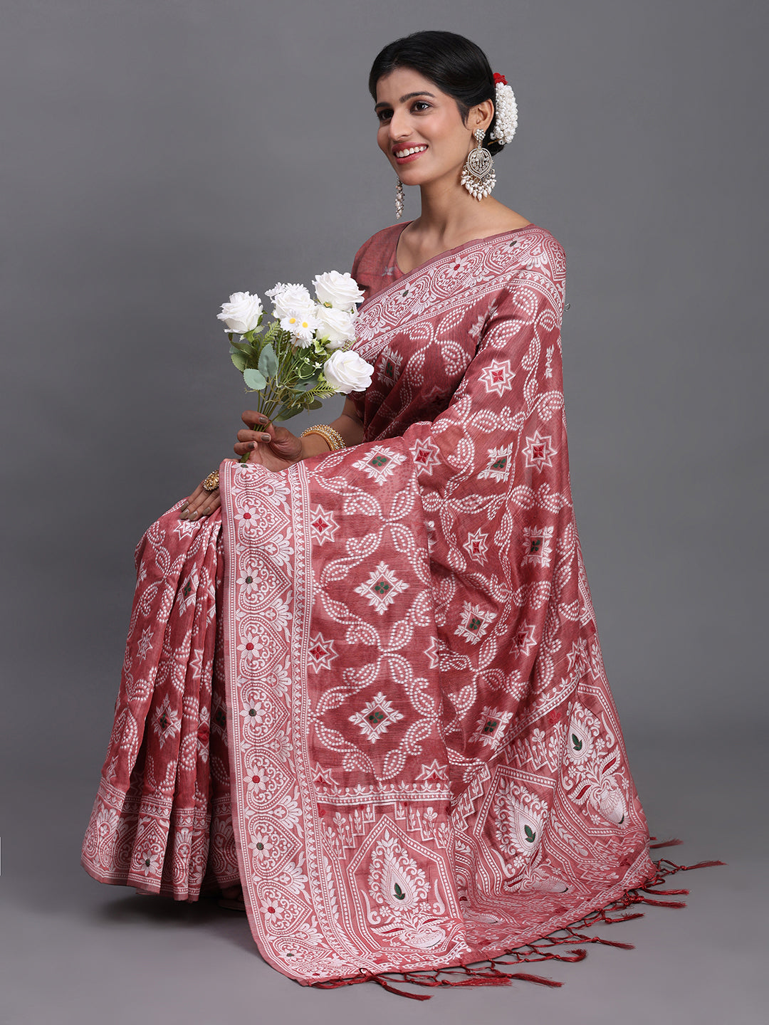 Peach Woven Jacquard Cotton Linen Saree with Intricate Traditional Motifs & Designer Tassel Pallu